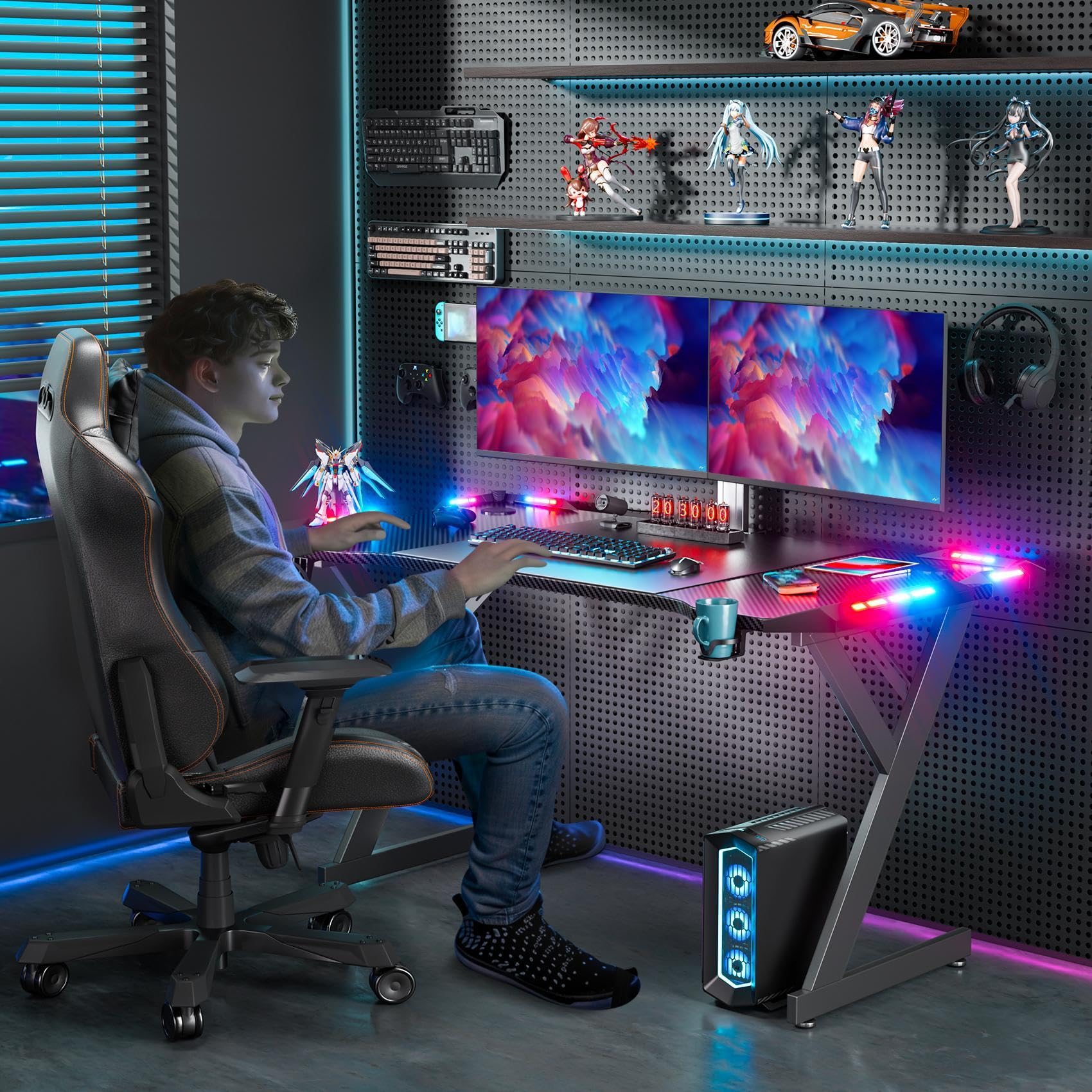 HLONONE LED Gaming Schreibtisch 120 x 60 cm, Gaming Tisch mit LED, Stabiler PC Tisch mit Kohlefaserbeschichtung, Gamer Tisch mit Getränkehalter und Kopfhörerhaken, Schwarz