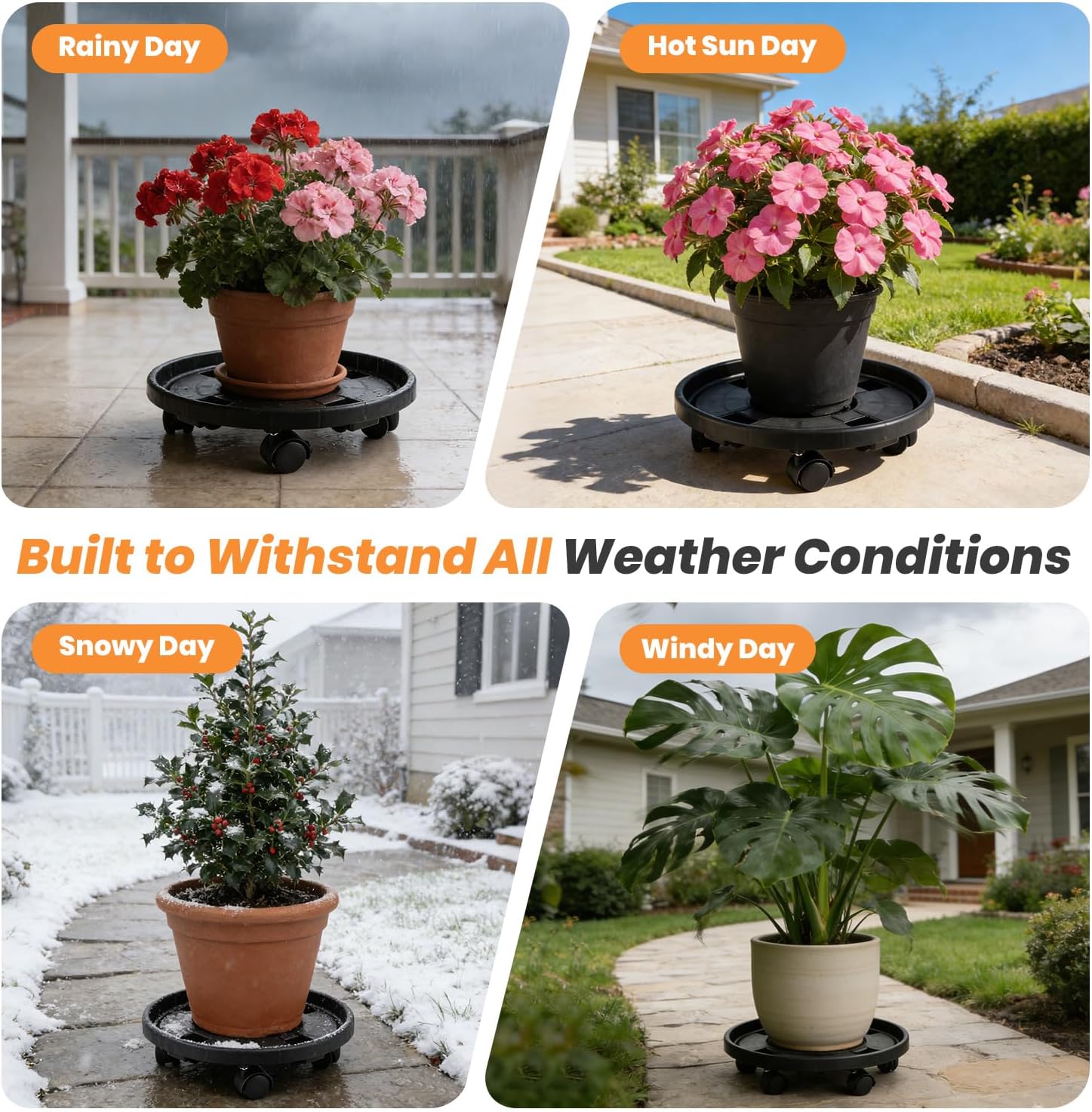 4-pack 16" Extra-large Plant Caddy with Wheels Plastic Plant Dolly with Locking Caster Flower Pot Mover Rollers Wheeled Rolling Plant Stands Round Plant Saucer Indoor Outdoor Base Coasters Black