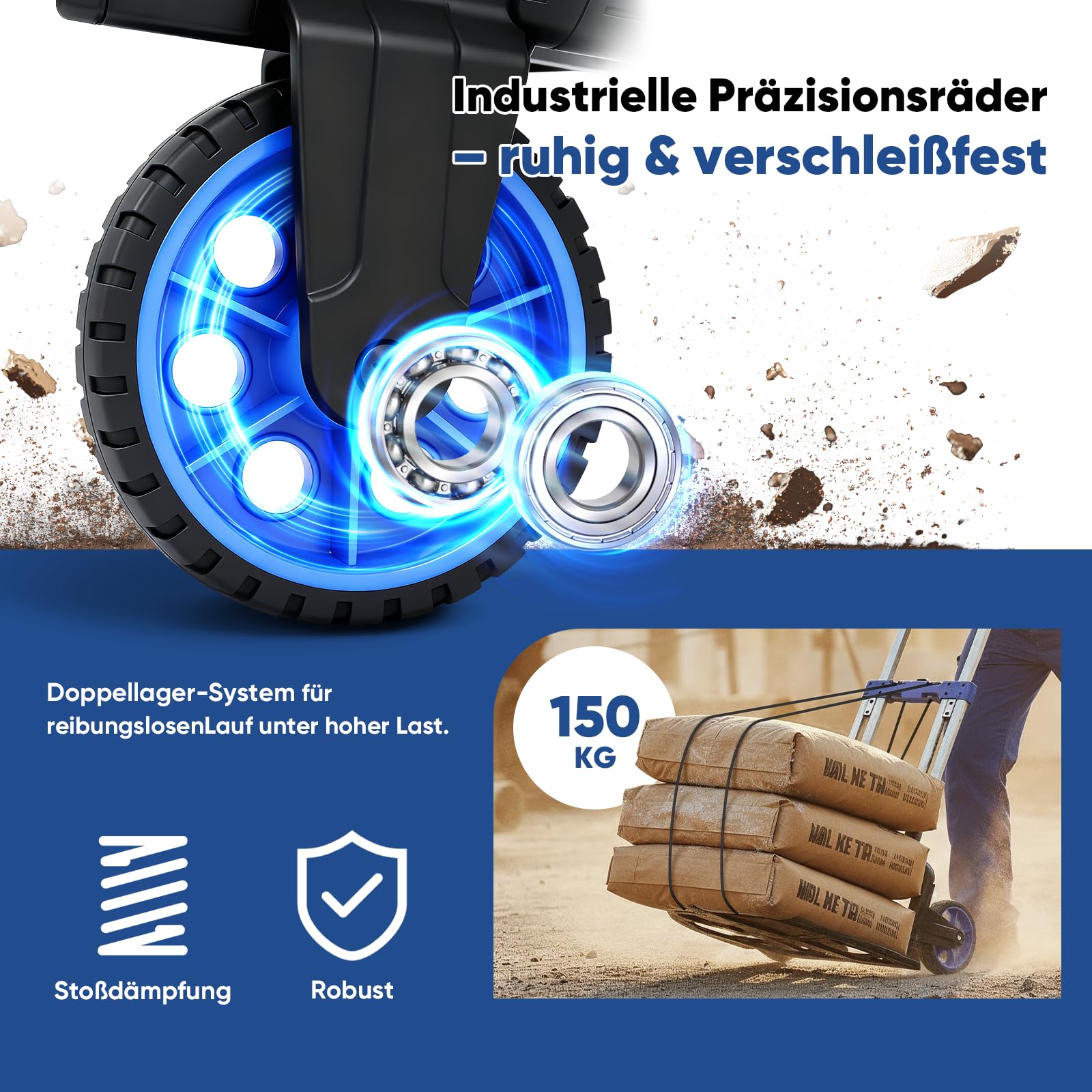 Sekey Klappbare Sackkarre & Schwerlast Transportkarre 150 kg, Verstärkter Alu Rahmen, XXL Anti-Rutsch-Pad & In Sekunden Faltbar, Höhenverstellbar mit TPR-Rädern, Inkl. 2 Expanderseile