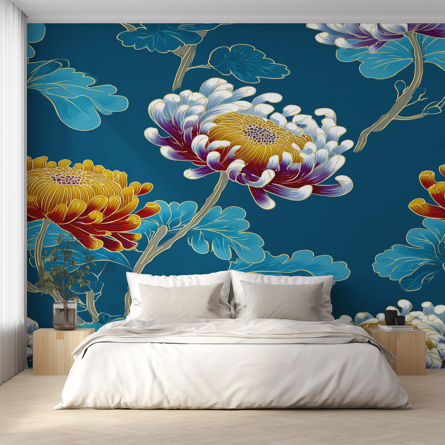Papier peint panoramique chrysanthème oriental sarcelle 450x315cm intissé