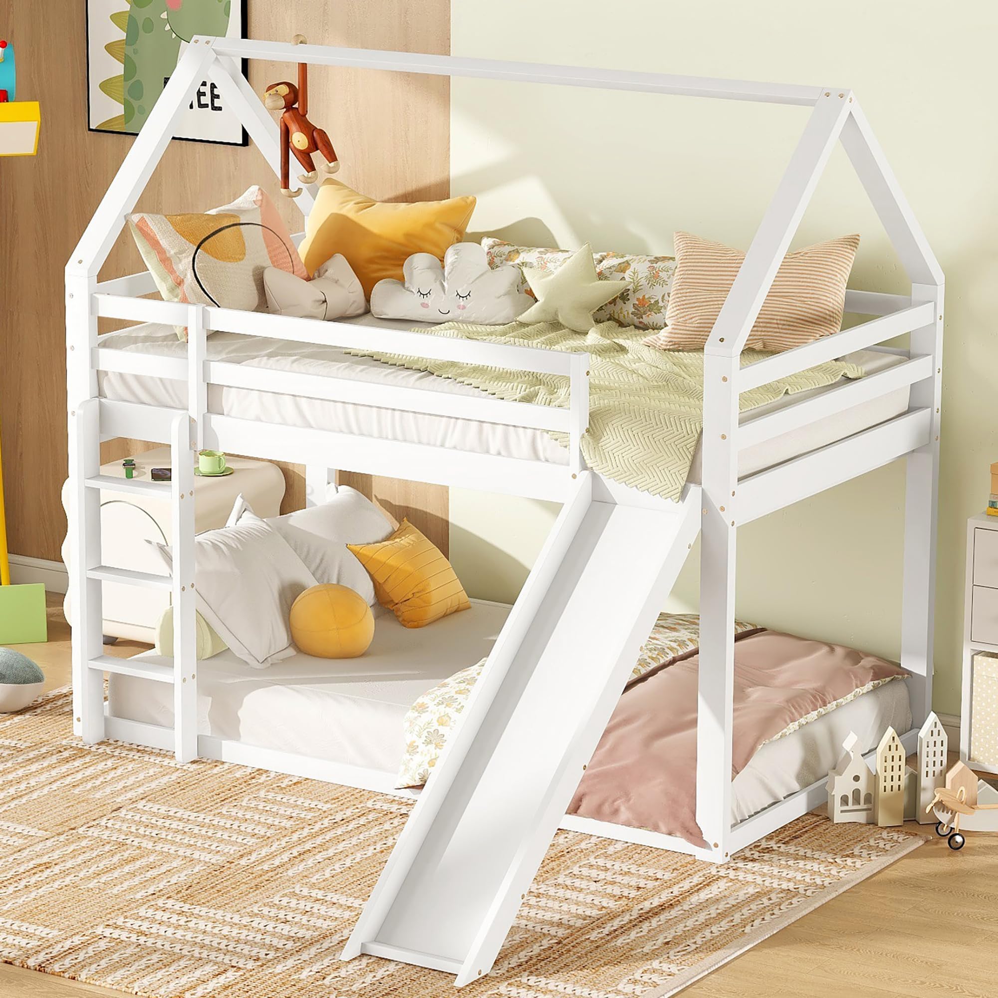 Cama infantil de 90 x 200 cm, litera con 2 camas para dormir, somier, escalera y tobogán, cama de madera de pino, incluye protección anticaída (blanco, 90 x 200 cm)