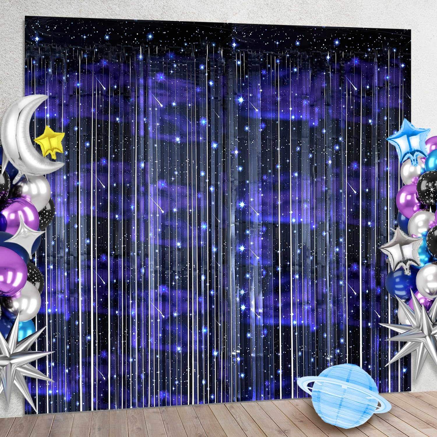 2 Pcs Galaxy Foil Curtains Backdrop for Space Themed Party Decorations, Iridescent Tinsel Curtains Blue Streamers for Space Astronaut, Music Birthday