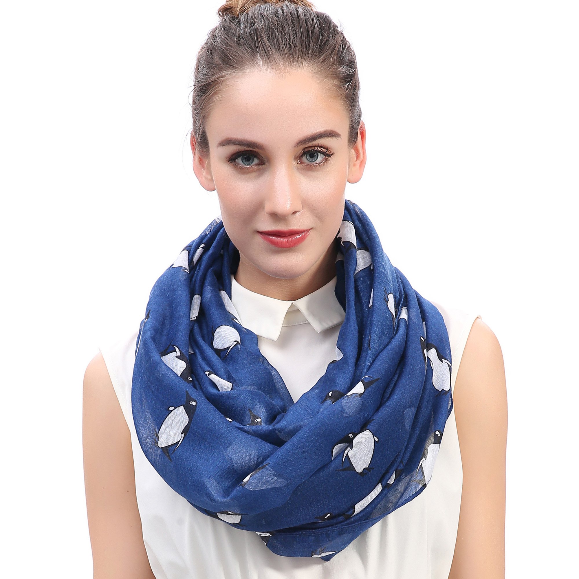 Lina & Lily Penguin Print Lightweight Snood Scarf (Navy blue)