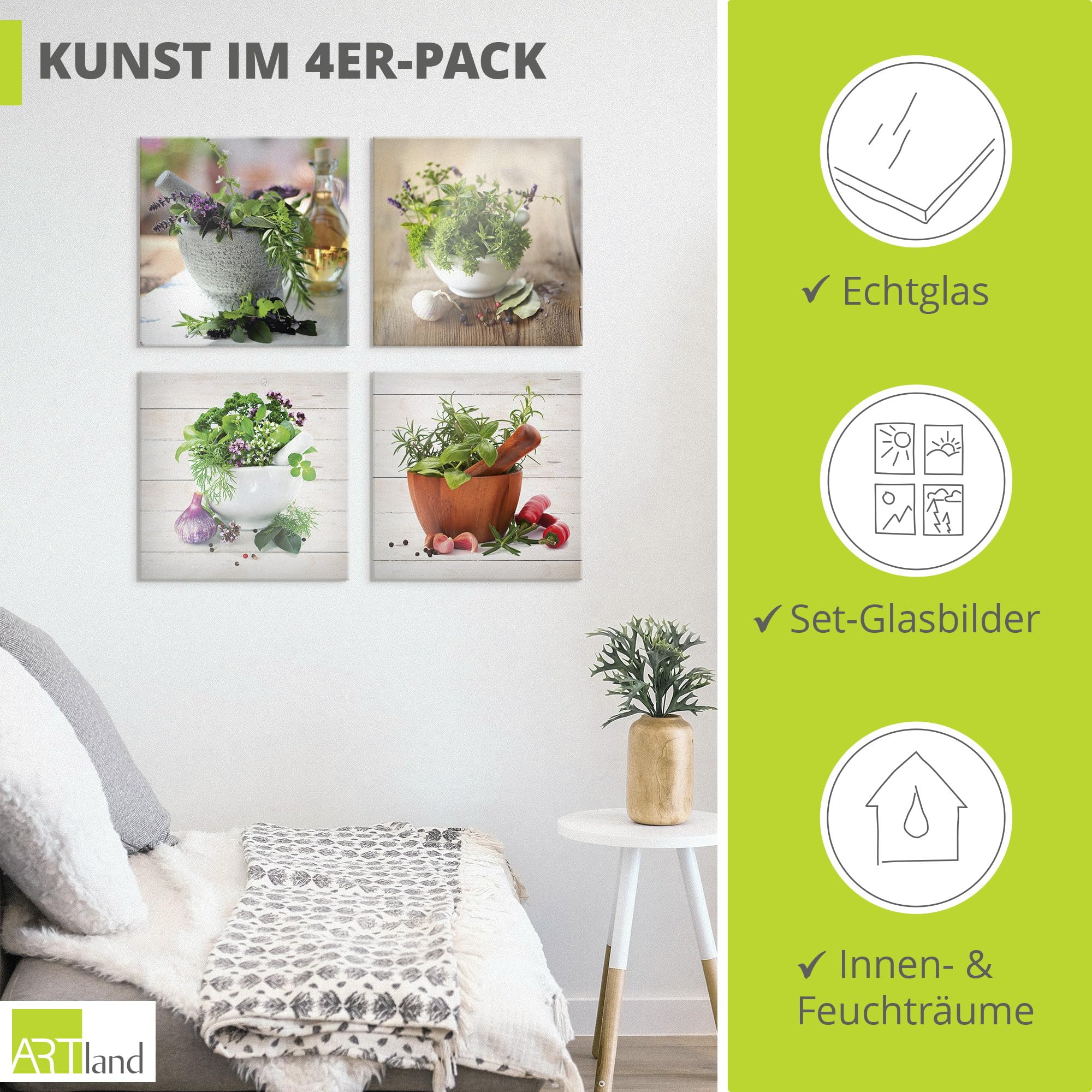ARTland Wanddeko Glasbilder Wandbild Glas Bild Set 4 teilig je 40x40 cm Quadratisch Stillleben Küche Gewürze Chili Knoblauch Mediterran Holzoptik S6IJ