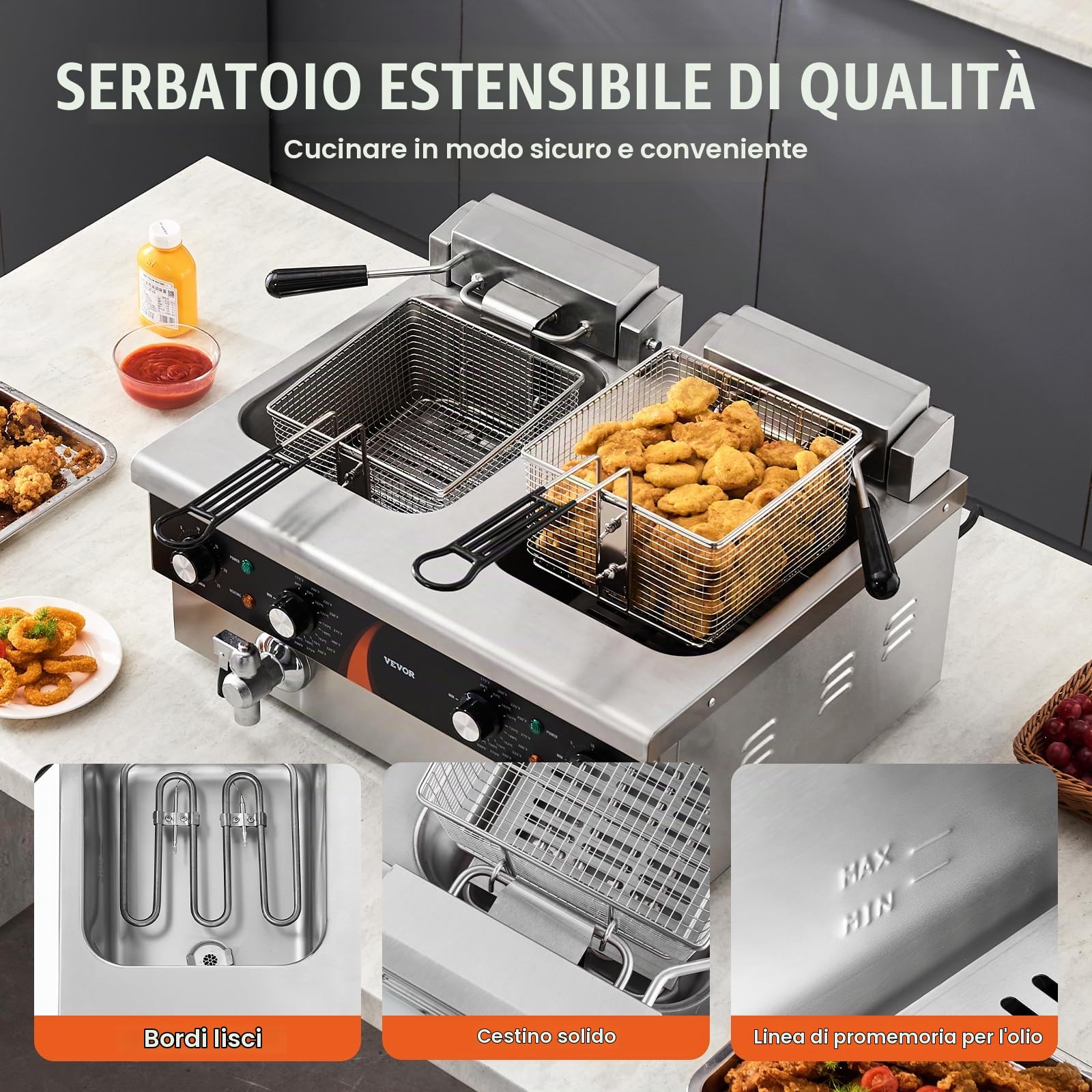VEVOR Friggitrice Commerciale Elettrica da Banco a Doppia Vasca 3000 W, 2 Friggitrici a Olio 8,5 L con 2 Cestelli, Acciaio Inox Spesso 1 mm, Controllo Tempo Temperatura, per Uso in Cucina Ristorante