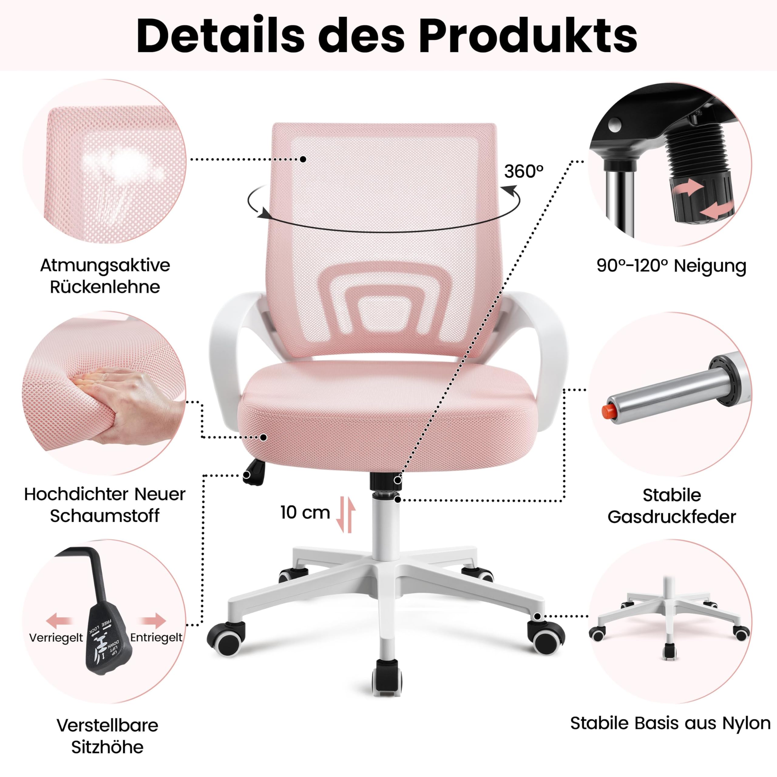 Yaheetech Bürostuhl Ergonomisch, Schreibtischstuhl mit Netzbespannung und Armlehnen, Drehstuhl aus Mesh, Chefsessel Wippfunktion, Höhenverstellbar Rückenschonend bis 136kg Belastbar, Rosa