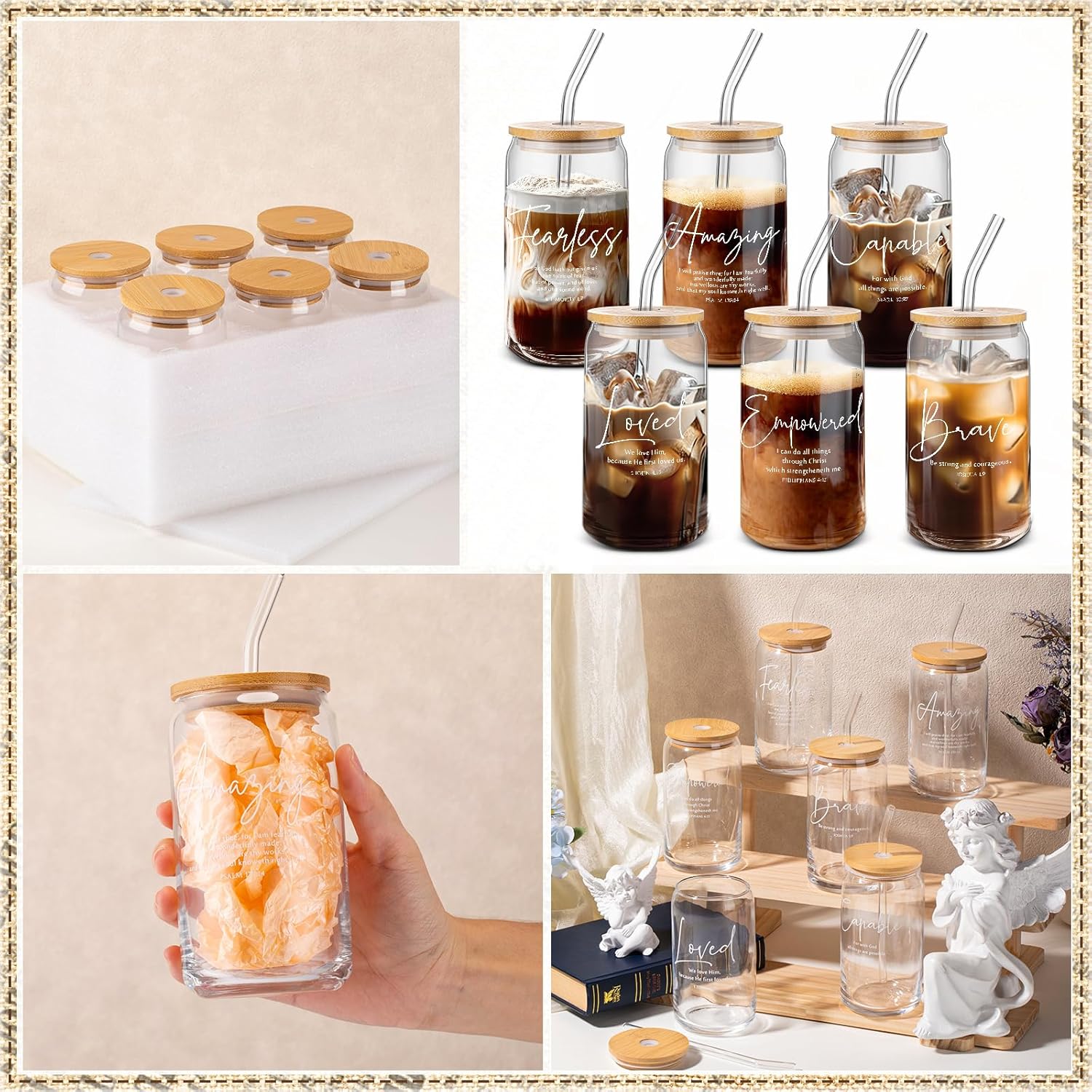 6 Pcs Christian Easter Gifts Bulk 16 oz Bible Verse Glass Cups with Bamboo Lids and Straw Christian Mothers Day Church Gifts Bible Verse Religious Coffee Cup for Women Men Clergy - Image 4
