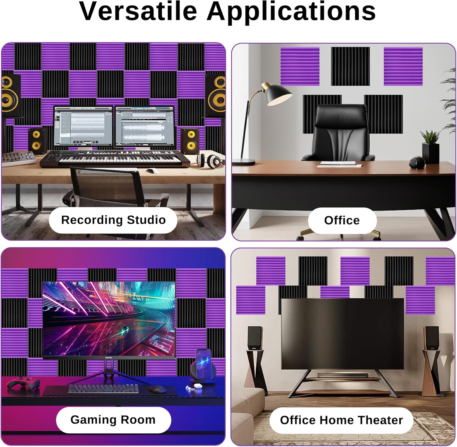 52 Pack Acoustic Foam Panels,1" x 12" x 12"Acoustic Wedge Studio Foam Sound Absorption Wall Panels (Black/Purple)