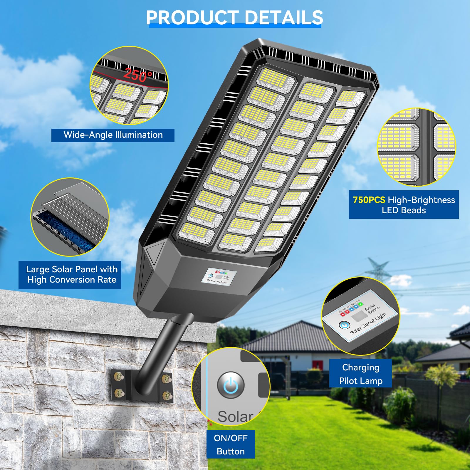 Adewalk 2200W Lampione Solare Led Esterno con Telecomando, IP66 Impermeabile Lampada Stradale Solare con Sensore di Movimento, 6500K Super Bright Lampioni da Giardino Esterno Solari per Garage Strada