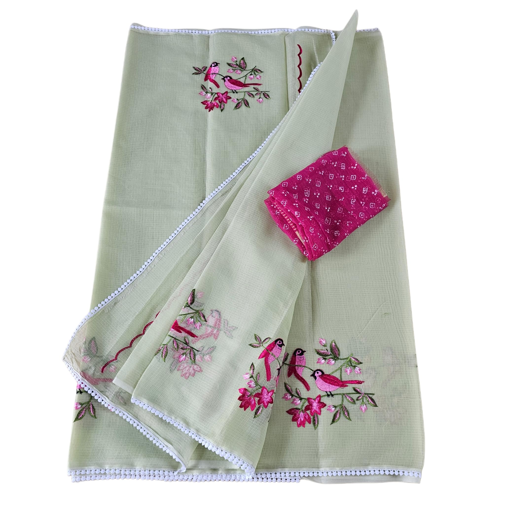Women's Kota Doria Cotton Saree with Floral Bird Embroidery Work, Light Green, with Running Blouse-image-21