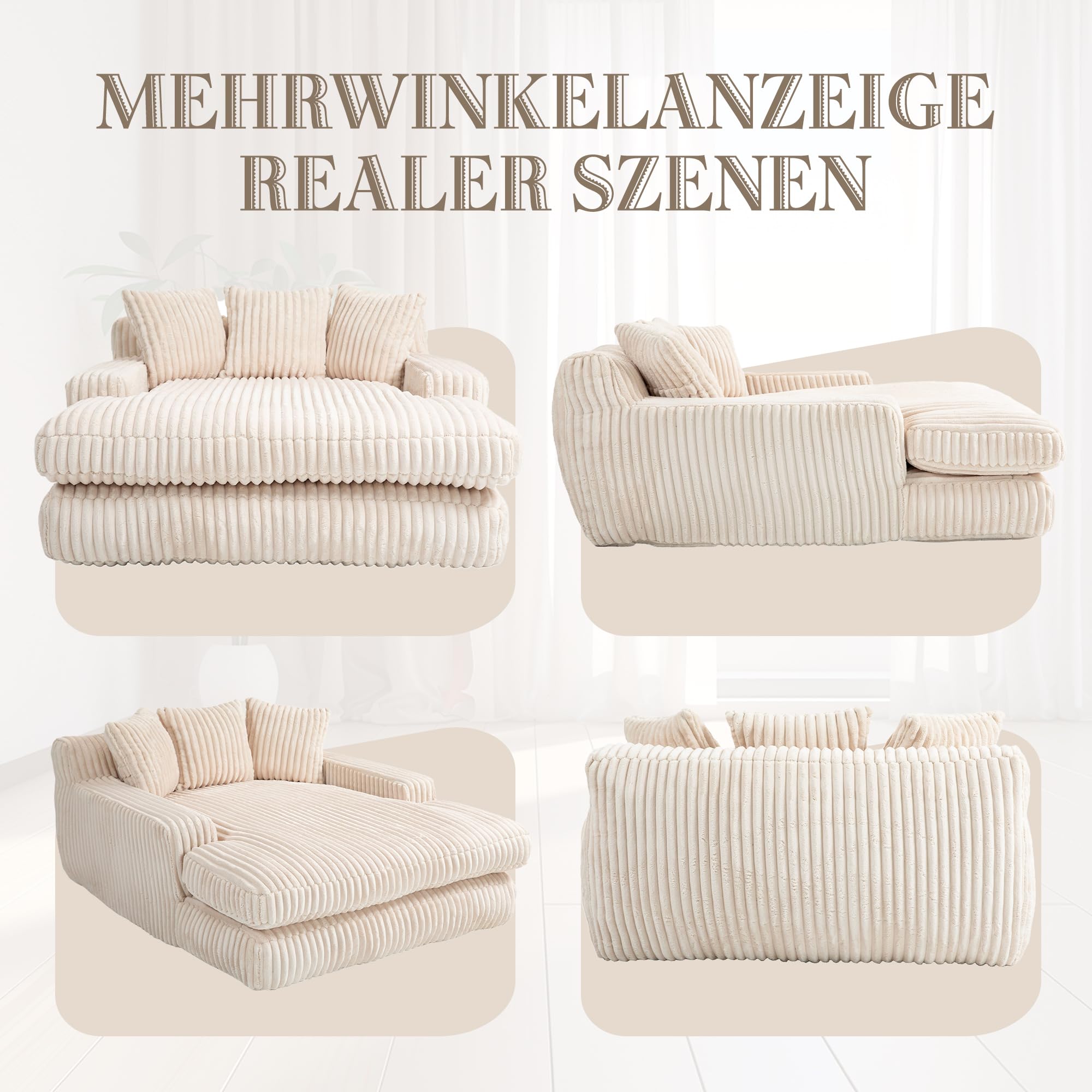 ZYLOYAL10 Cord-Schlafsofa Cloud Couch mit 3 weichen Kissen, bequemes Einzelsitz-Bodensofa für Wohnzimmer Wohnung Büro (Beige)