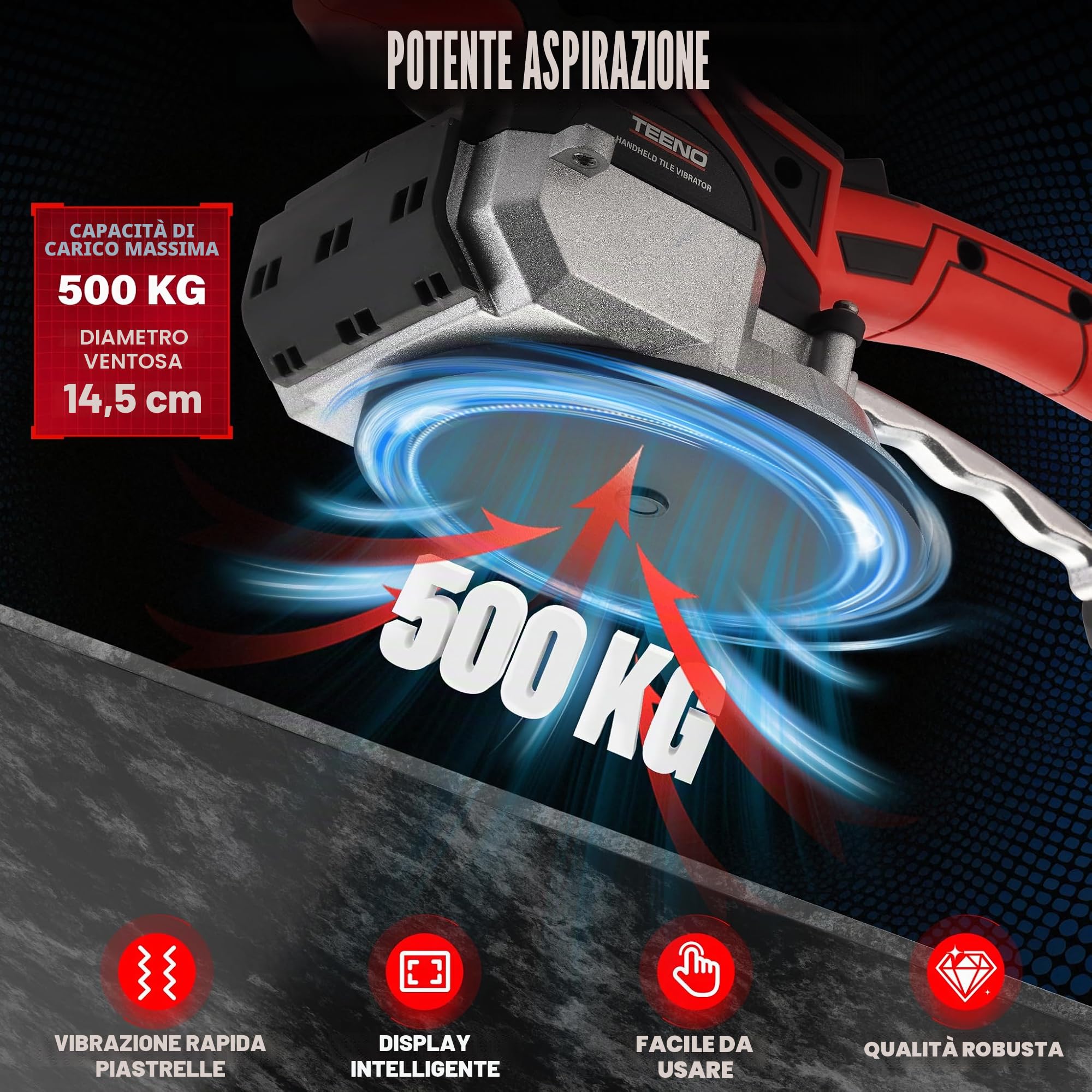 TEENO 2 in 1 Ventosa Vibrante per Piastrelle Senza Fili, Ventosa Elettrica per Piastrelle con 2 Batterie da 2Ah, 9 Velocità, 500 kg di Aspirazione, 12000 RPM di Vibrazione, Ventosa da 145mm+Scala+