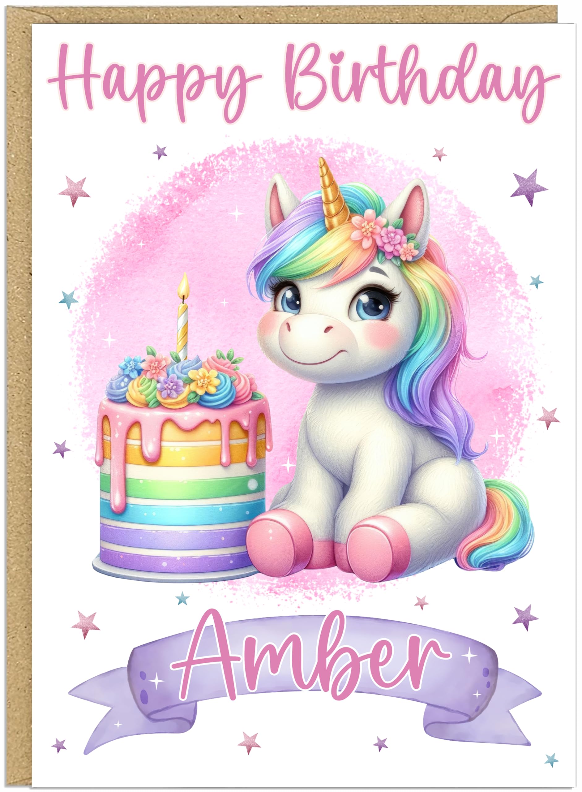 Personalised Cute Unicorn Birthday Cards for Girls - Custom Add Own Name Magical Rainbow Unicorn Cake Design - Happy Birthday Children's Cute Greeting Card A5