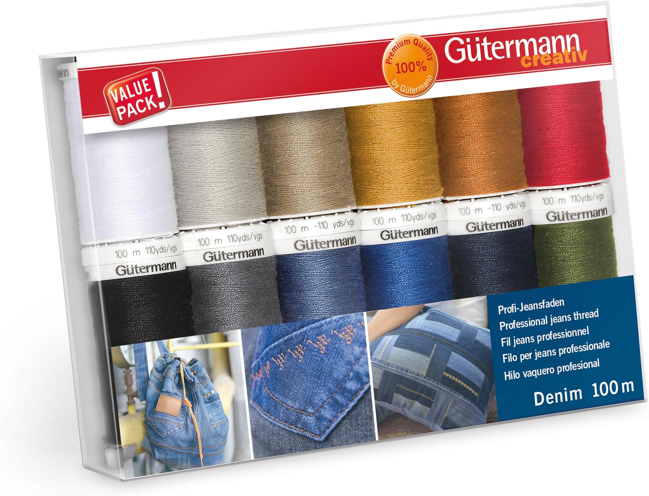 Gütermann creativ Sewing thread set with 12 spools of professional denim thread denim 100 m in typical denim quilting colours
