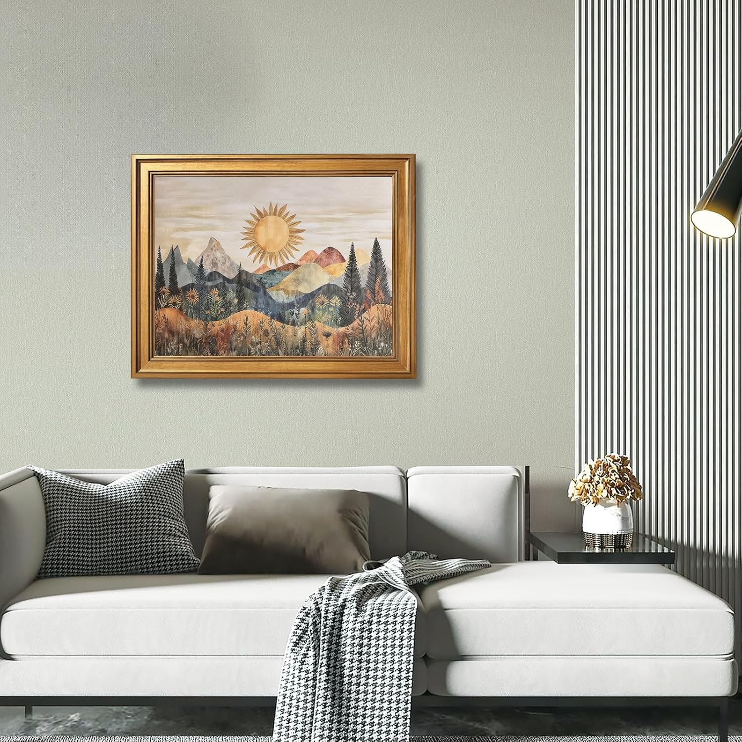 Large Framed Southwestern Sun Landscape Canvas Wall Art Retro Mountain Floral Mountain Painting Poster Modern Nature Folk Inspired Boho Sunburst Artwork Prints for Bedroom Home Decor 24x36inch