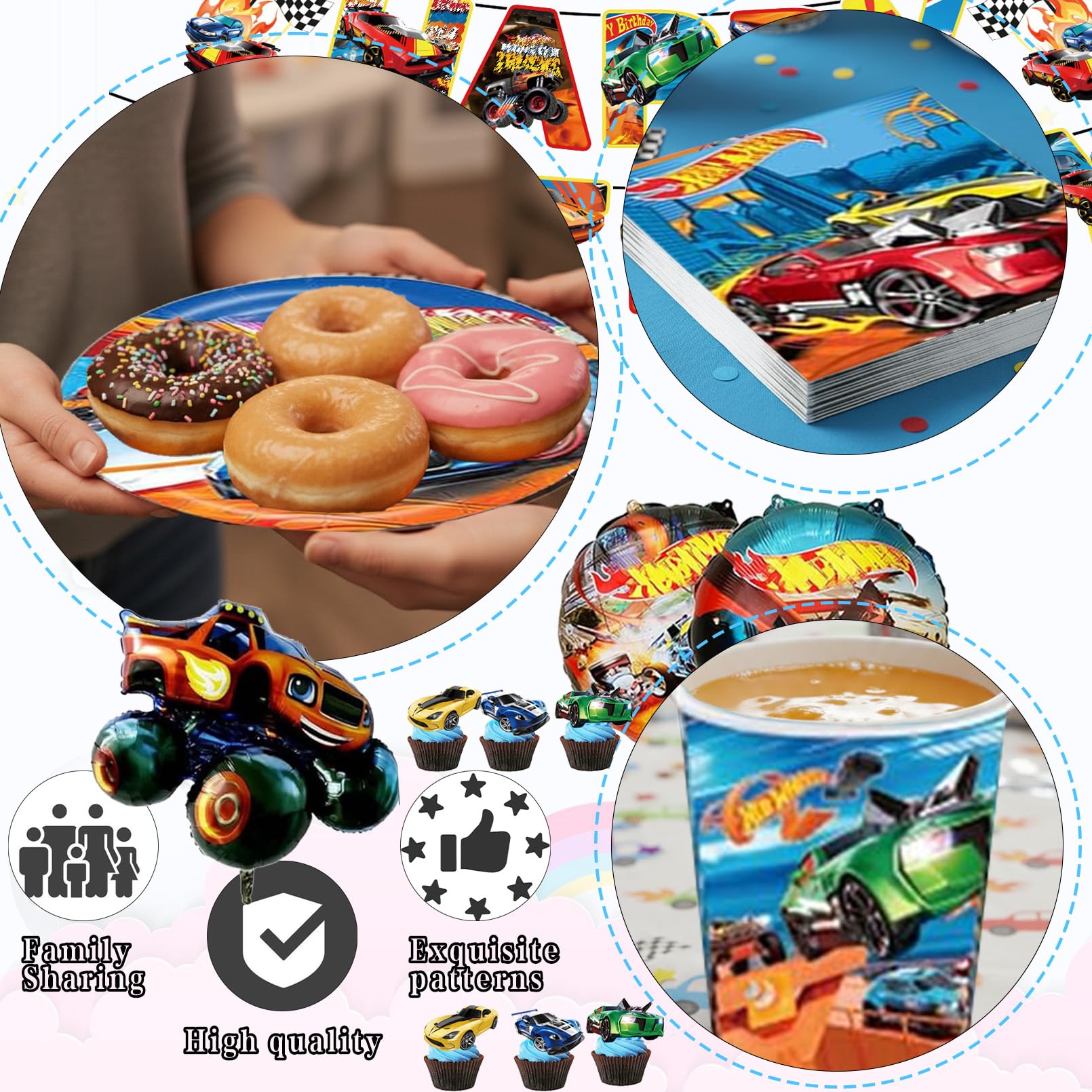 Stoviglie Festa di Compleanno Hot W-hel,Decorazioni Hot W-hel Compleanno,Set Stoviglie Car,Palloncini Forniture