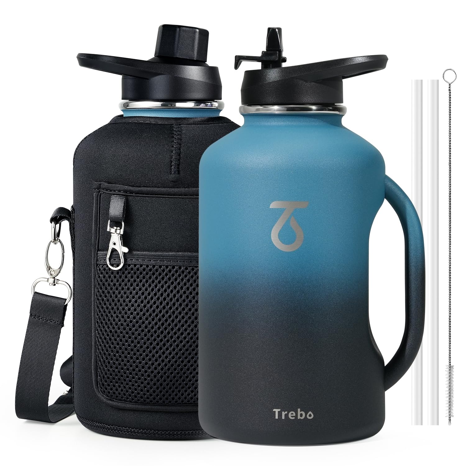 Trebo Half Gallon Water Bottle 64oz with Handle,Double Wall Vacuum Insulated Large Water Jug,Stainless Steel Water Bottle Flask,Gym Water Bottles For Men with Straw Spout Lids Strap,Indigo Black