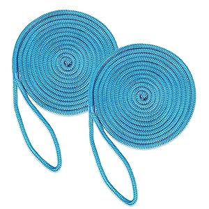 DC Cargo Mall Boat Dock Lines (2 Pack) 1/2 X 15' Double Braided Boat Ropes for Docking with 12" Eyelet. Marine Grade Nylon Material & Damage Resistant Line Fibers for Secure Docking