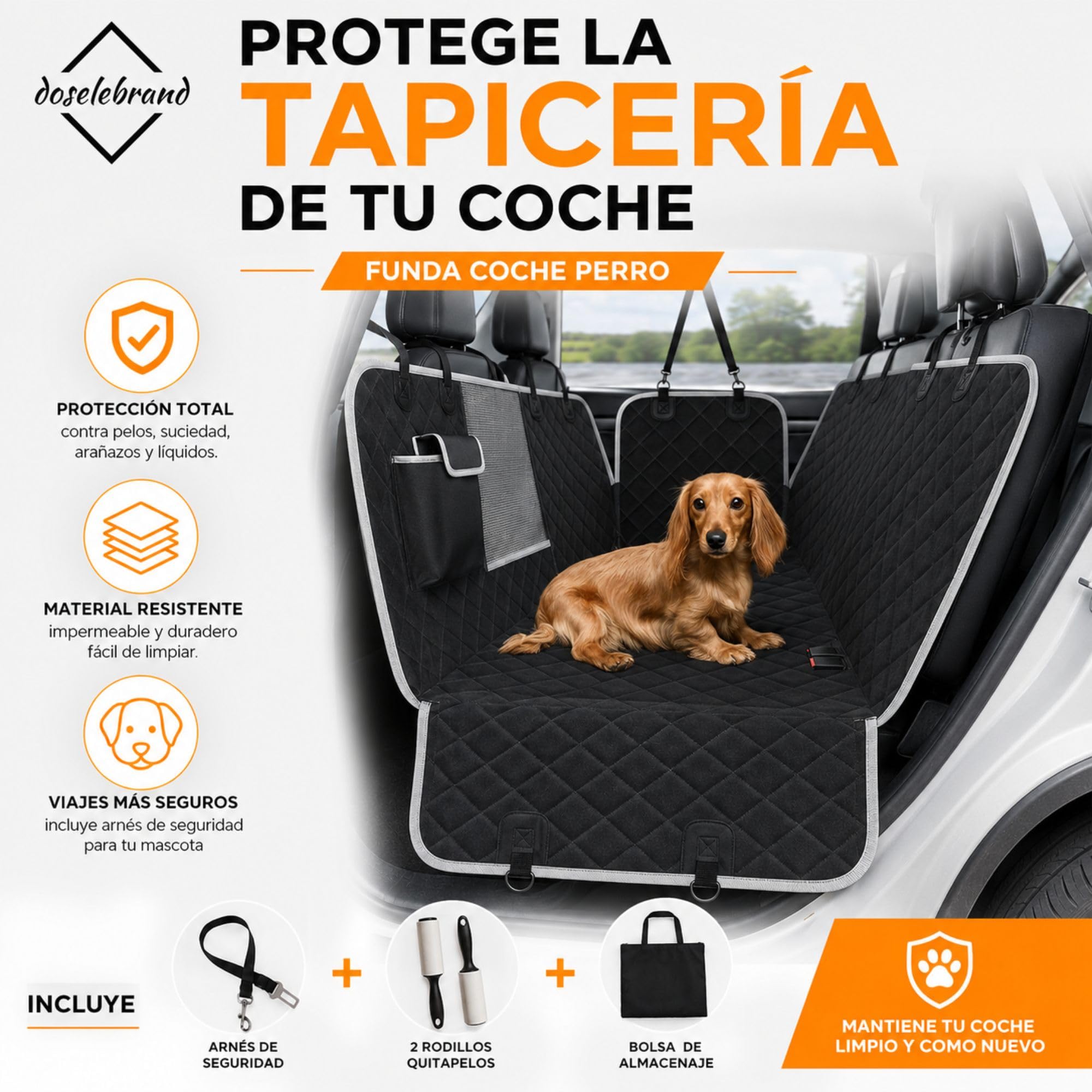 Pack Funda Coche Perro + Arnés + 2 Rollos Quitapelos + Bolsa | Impermeable│ Antideslizante │ Ventana y Bolsillos │ Evita Pelos - Barro - Arañazos │ Universal - Asiento Trasero - Maletero