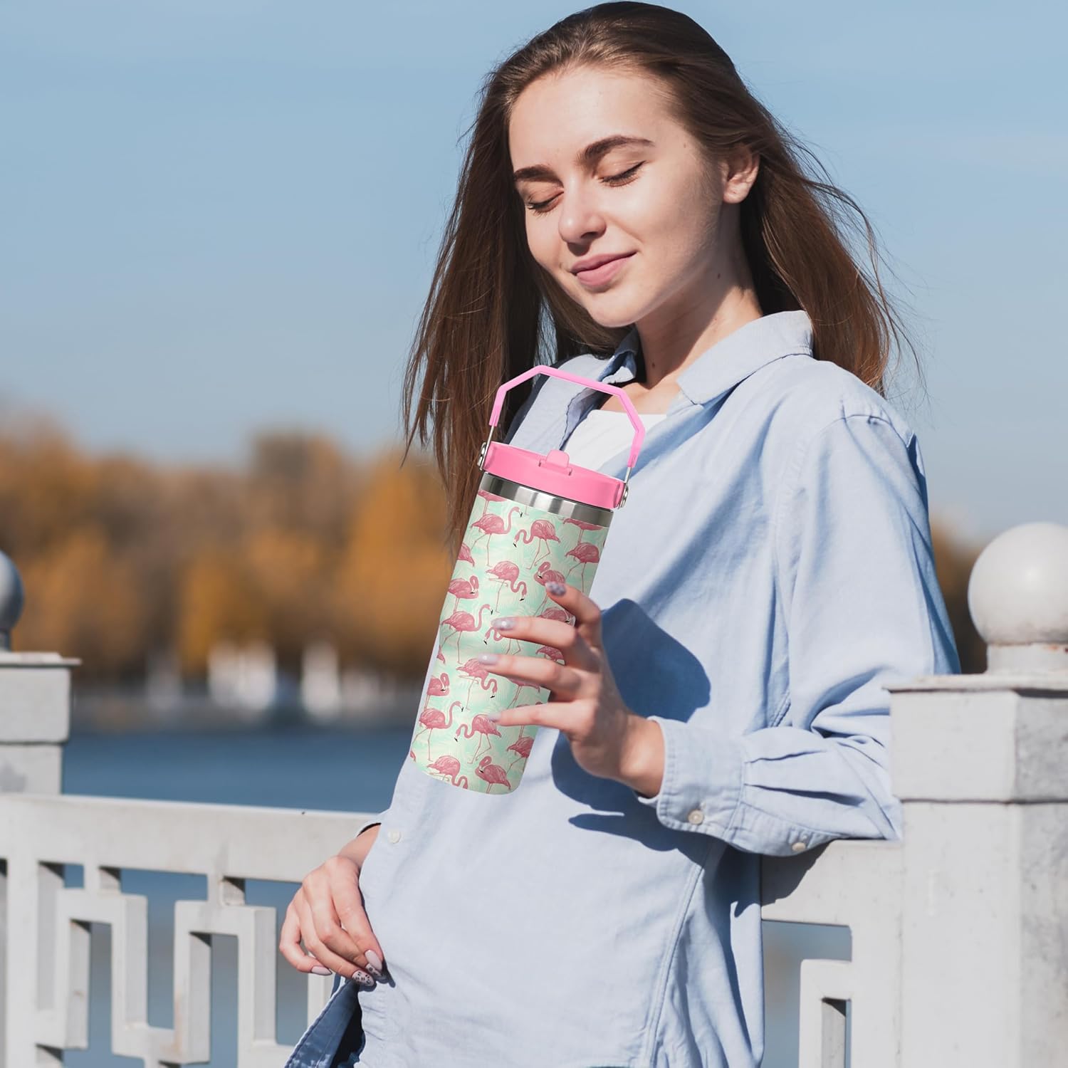 30 oz Flamingo Tumbler with Handle, Large Insulated Tumbler with Flip & Straw Coffee Mug Cup Stainless Steel Gifts for Women Men Youth - Image 6