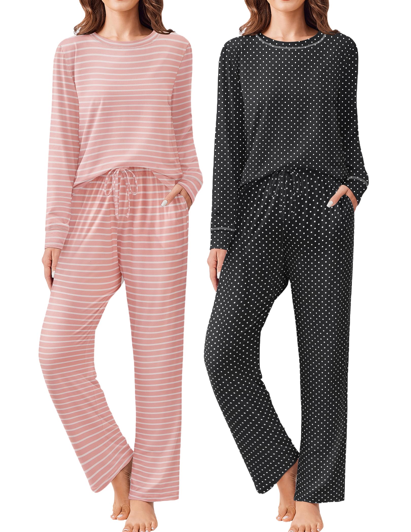 Ekouaer 2 Pack Women Pajama Long Sleeve Sleepwear Soft Loungewear Pjs Sets with Pockets S-XXL