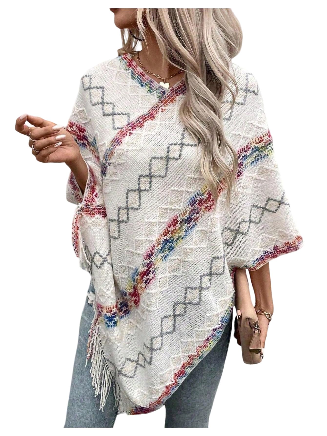 Womens Fringe Poncho Sweater Boho Shawl Cape Tassel Lightweight Shawl Wraps Oversized Knitted Pullover Top