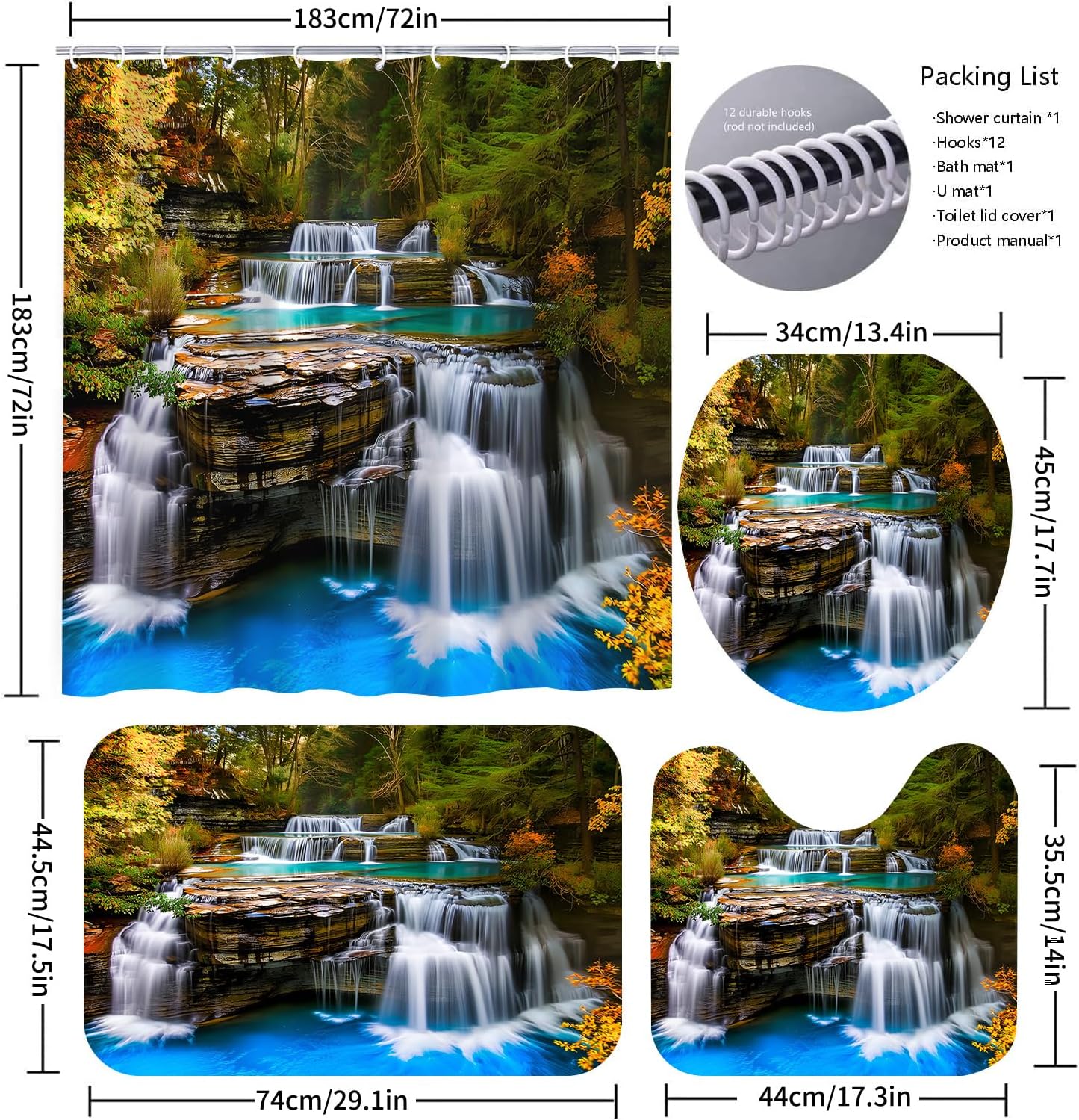 Beautiful Waterfall Landscape Girls Shower Curtain 72"X72" Clear River Water Bathroom Decorations Rock Forest Bathroom Sets with Rugs and Accessories(Bath Mat, 12 Hooks), Shower Curtain