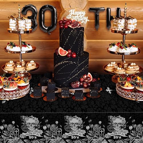 Miniatura 3 de Jetec 3 manteles de Death to My 20s Rip to My 20s, decoración de escritorio negra de 30 cumpleaños, cubierta de mesa de plástico para mi juventud,