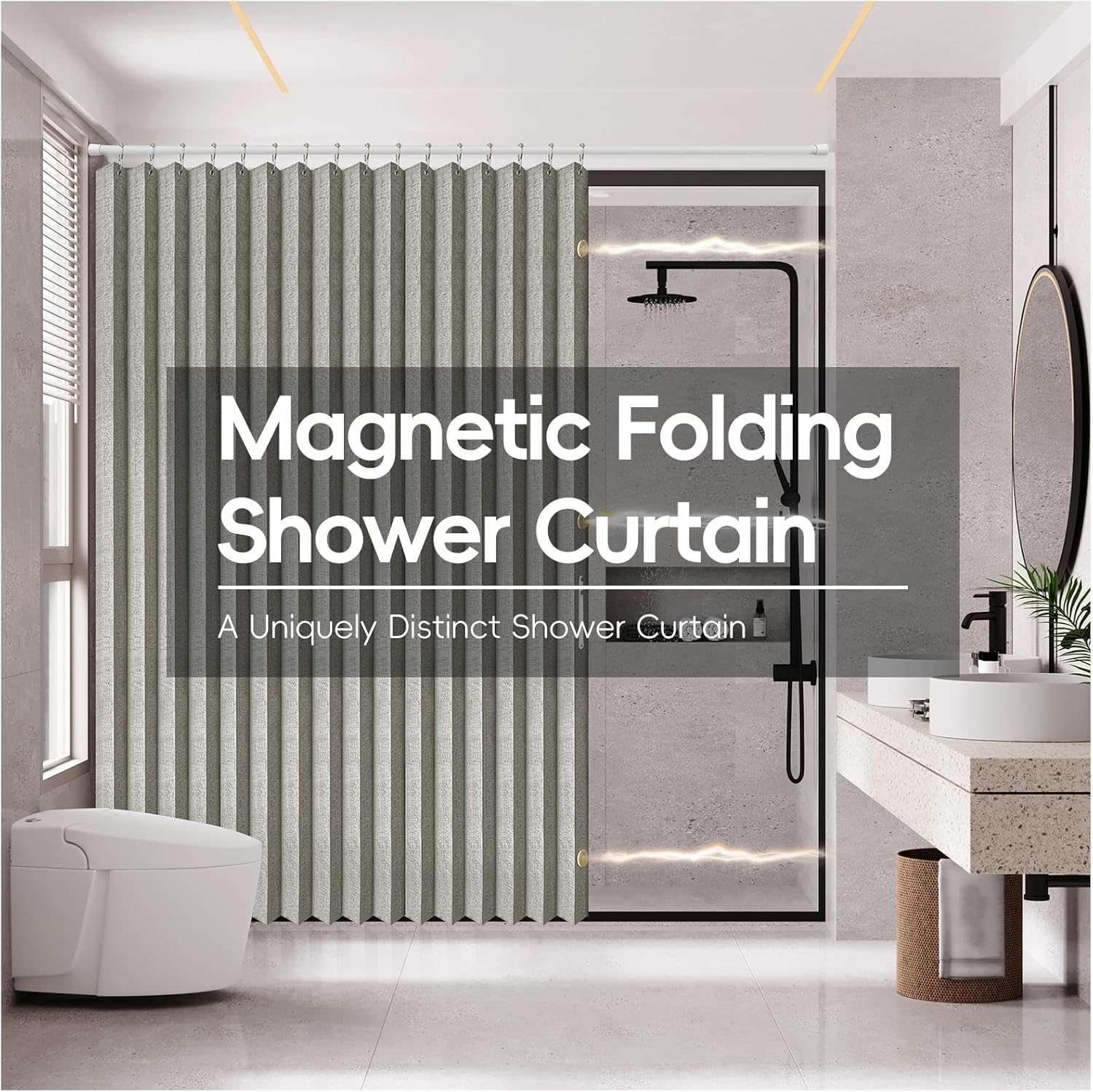 AJAZZ Magnetic Folding Shower Curtains Acordion Shower Curtain Fabric Polyester Waterproof Shower Curtains Suitable for Family Hotel Homestay Bathroom (Grey,77" W x 72" L) 1 Panel