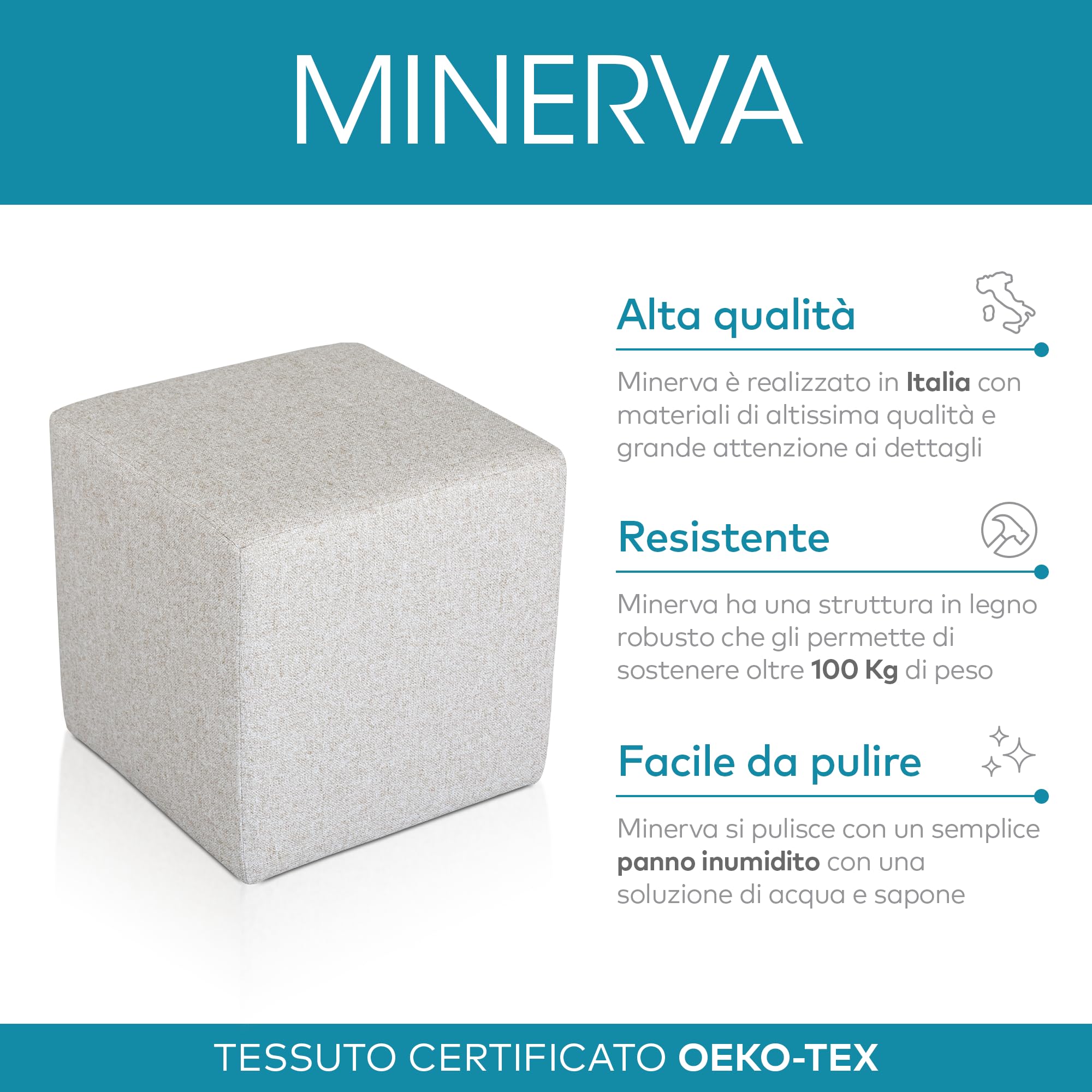 Deshome Pouf poggiapiedi cubo 43x43x44 cm Stoffa Idrorepellente: Pouf Design Moderno per Divano Soggiorno Camera da Letto, Puff poggiapiedi, Pouffe Salotto Minerva (Verde Oliva)