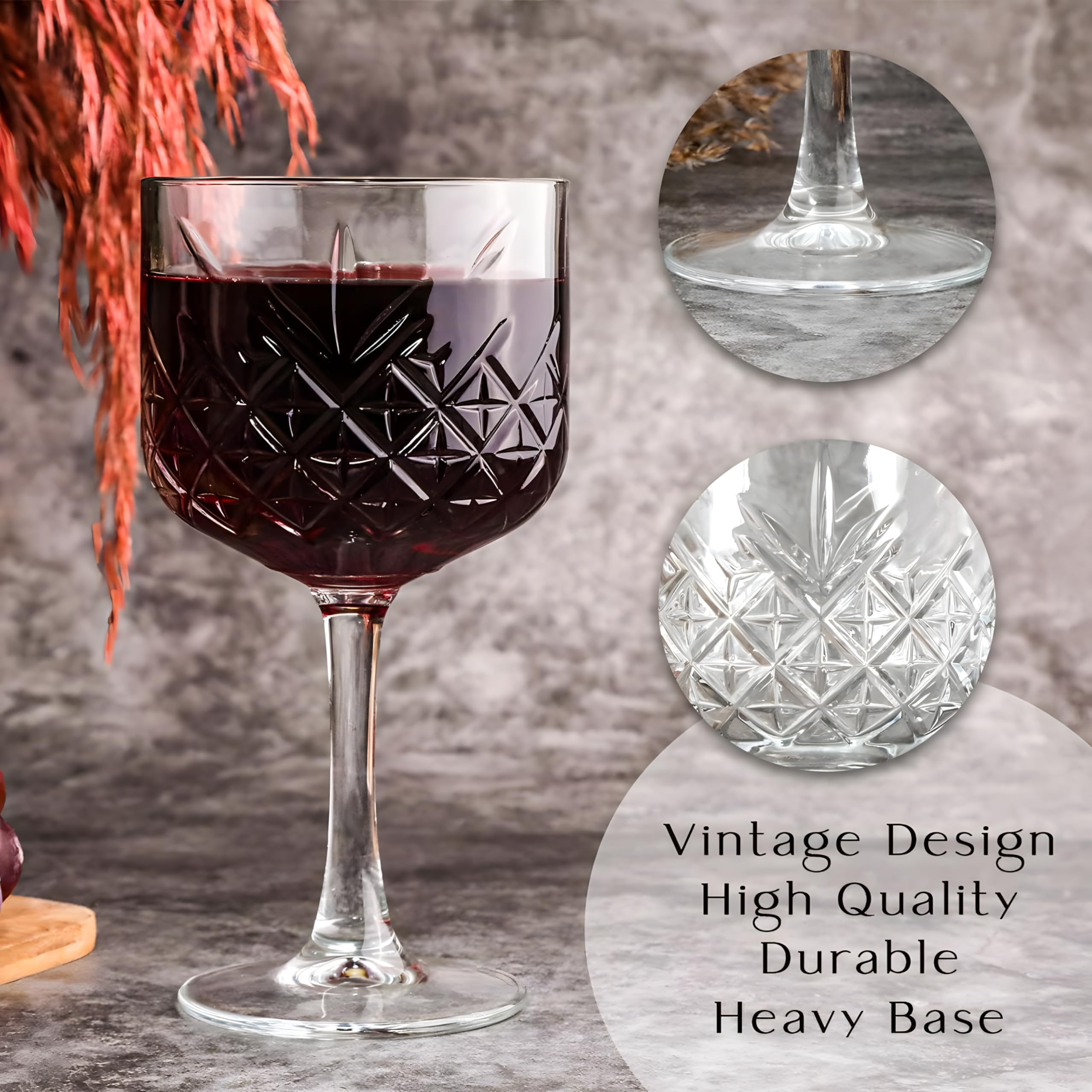 Inovique Enterprises Timeless Vintage Wine Glasses Set of 6 - 500ml Cut Glass Goblets for Red Wine, Water & Cocktails | Crystal Look, Durable, Lead-Free 1