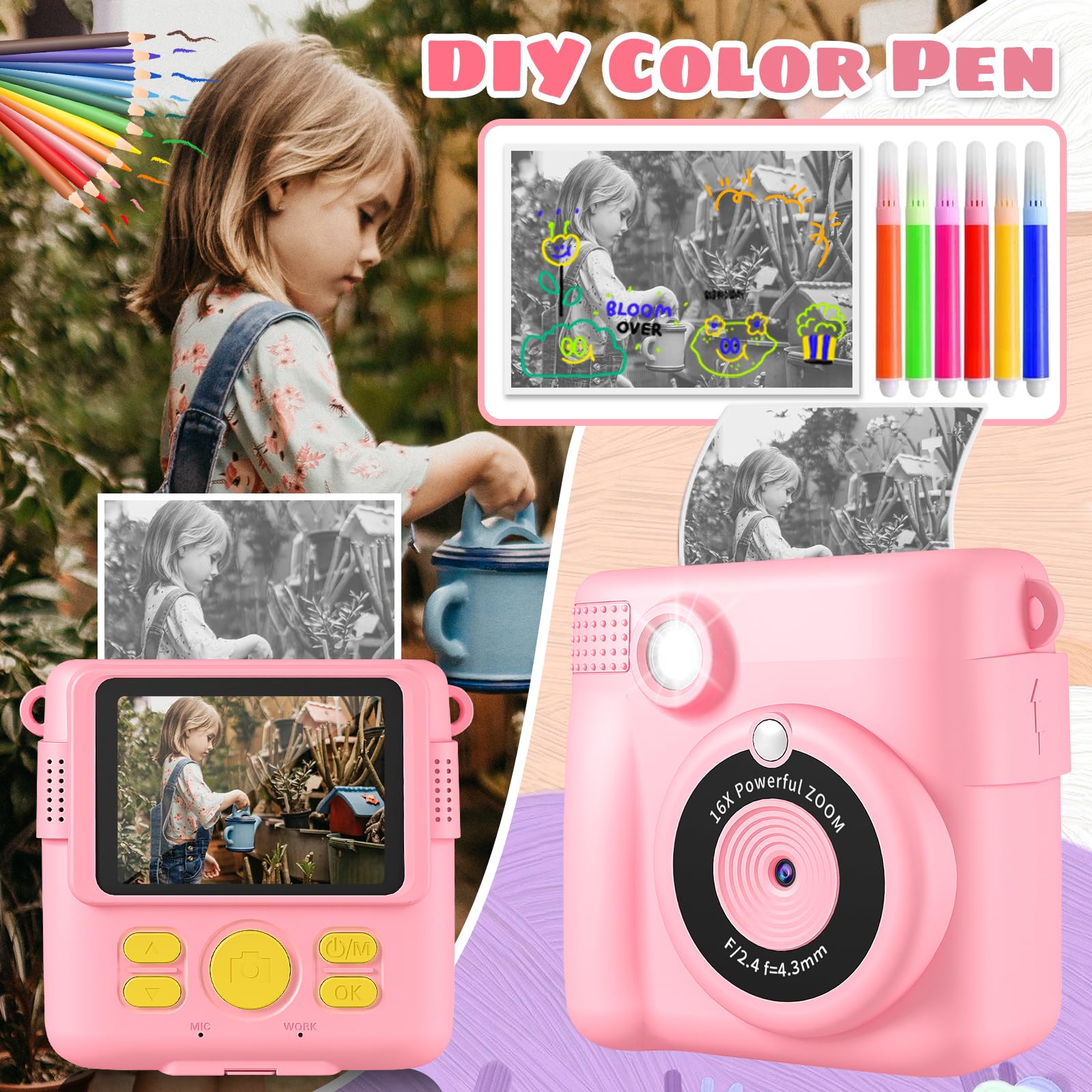 CHRERNA Fotocamera Istantanea Bambini, Macchina Fotografica Bambini Istantanea con 32GB Scheda, 1080P HD Fotocamera Digitale Bambini, Regalo per Ragazze Ragazzi da 3-12 Anni