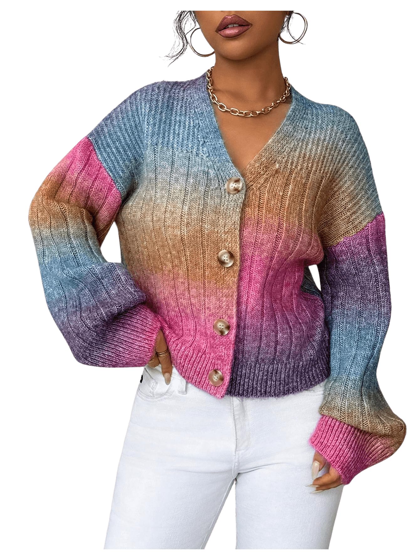 MakeMeChic Womens Colorful Chunky Cropped Cardigans Button Down Long Sleeve Drop Shoulder Rainbow Sweater