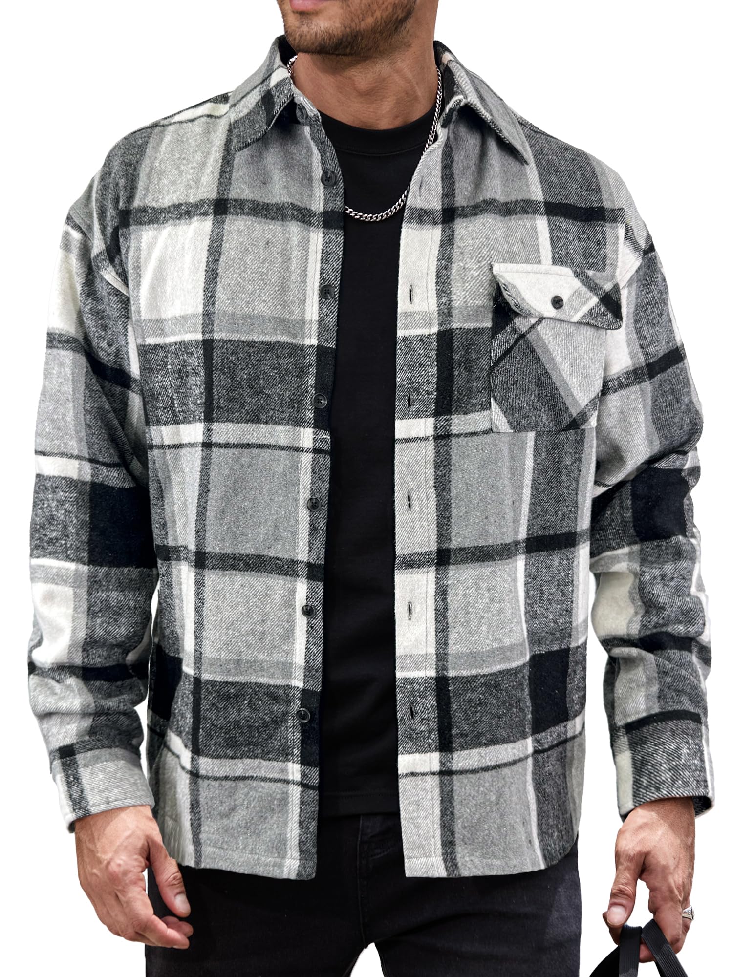 JEMLDL Mens Flannel Shirts Jackets Casual Shackets Button Down Long Sleeve Plaid Shirt Lightweight Jackets with Pockets