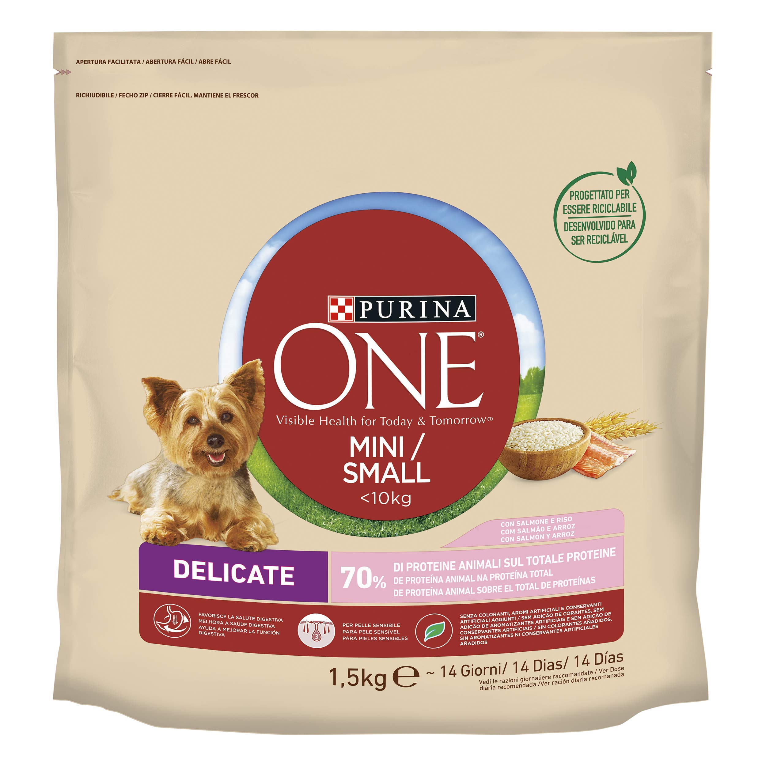 PURINA ONE Mini Small Delicate Croquettes pour Chien Adulte avec Saumon et Riz, 6 Sachets de 1,5 kg