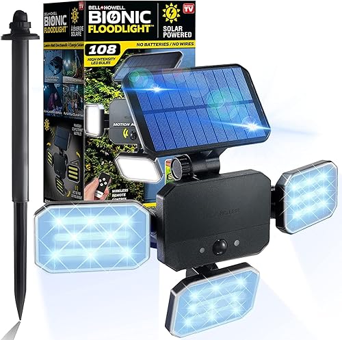 Bell+Howell Reflector Bionic con Detección de Movimiento - Luces Solares para Exteriores 108 Bombillas LED de Alta Potencia Ajustables, Paneles