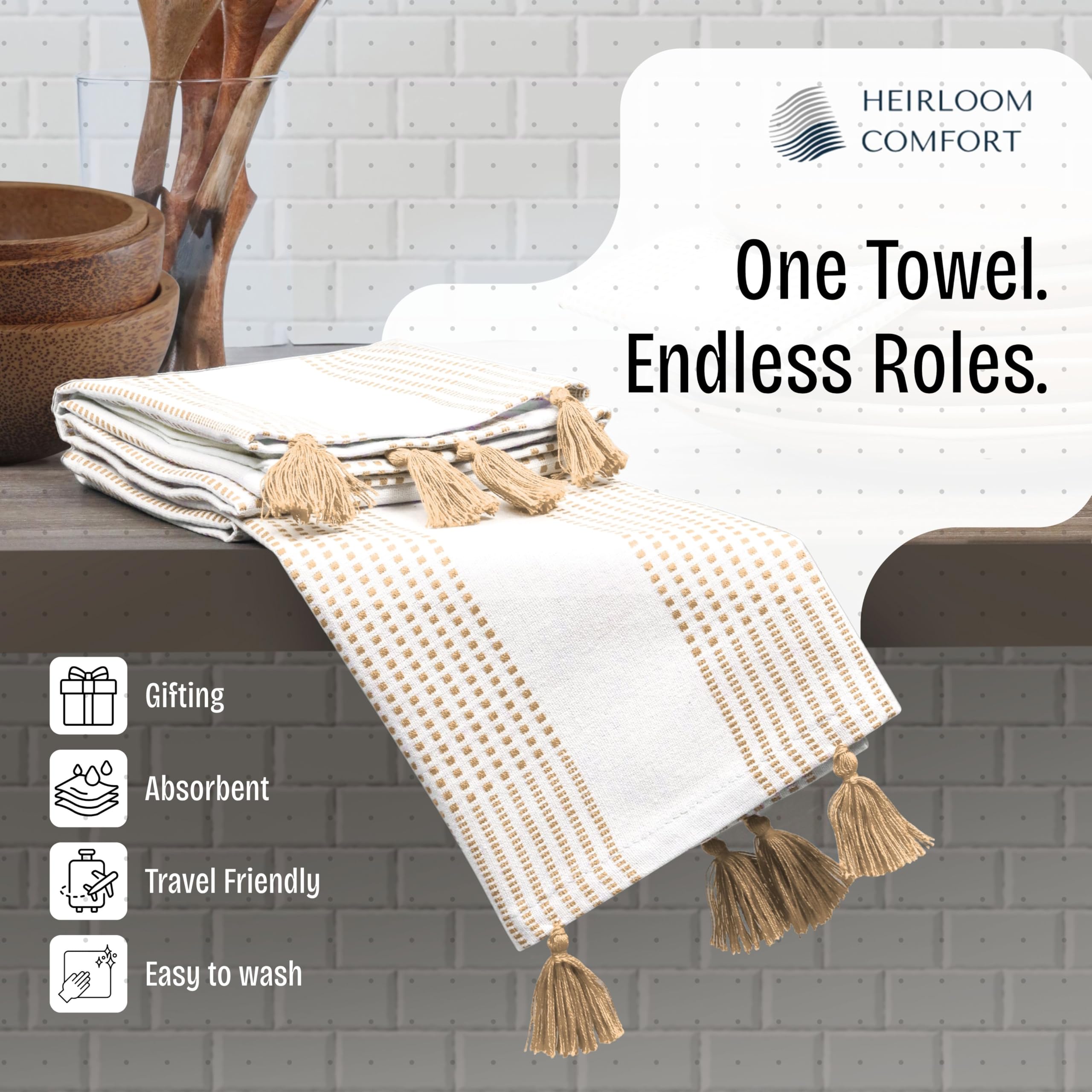 Strofinacci da cucina decorativi a pois beige, 40 x 66 cm, confezione da 12, morbidi, 100% cotone, assorbenti e ad asciugatura rapida, con nappe, ideali per pulire, asciugare i piatti