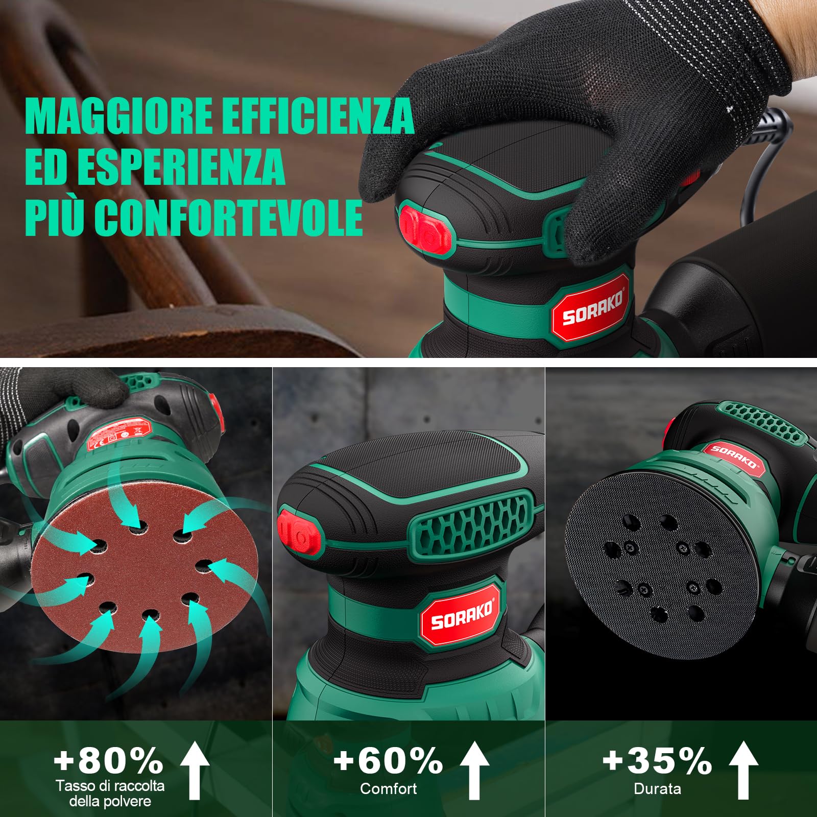 SORAKO Levigatrice Orbitale 350W, 6 Velocità Regolabili, Carta Vetrata 16 pezzi, Levigatrice Elettrica con Raccolta Polvere e Funzione di Frenata Rapida, Adatta per Levigare, Lucidare Legno, fai da te