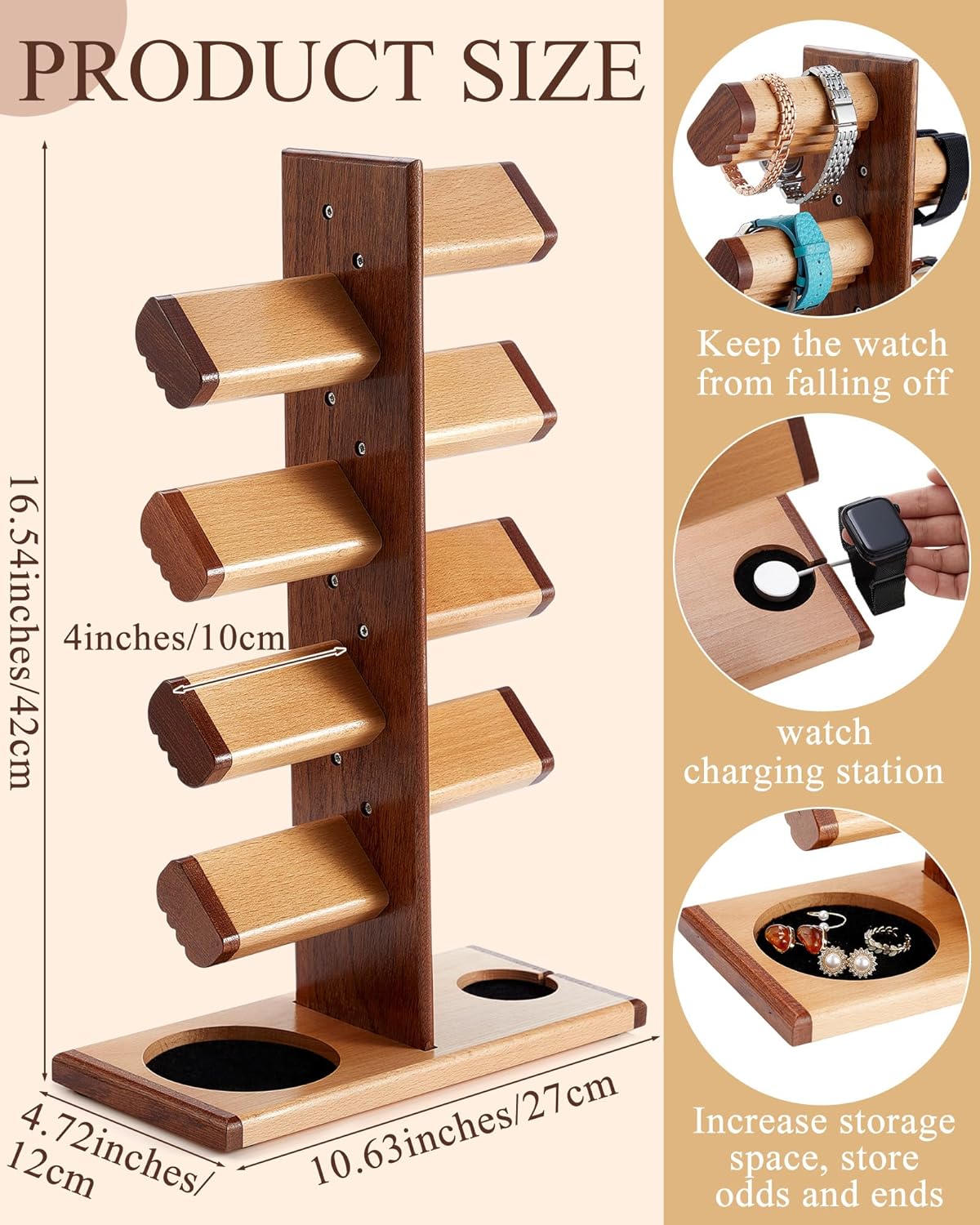 Wooden Watch Stand Watch Display Holder Tower Wood Display Stand with Charging Station Jewelry Organizer for Rings Necklaces Coins Gifts for Men Women (hold 16 Watches) - Image 2