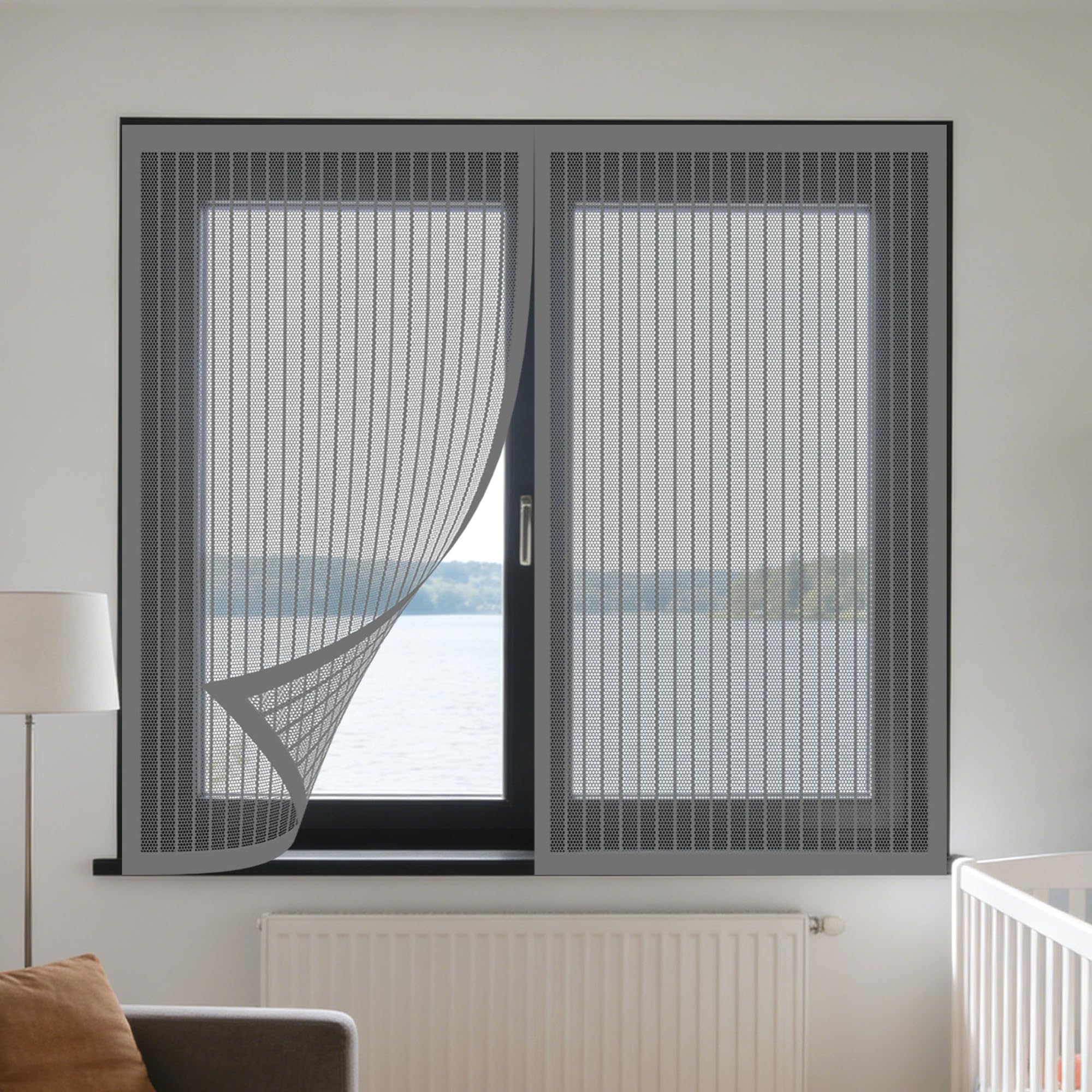 Window Fly Screen 155 x 175 cm Selfadhesive Tape Magnetic Window Screen Insect Mesh Custom Size for Living Room Bedroom Offfice, Grey