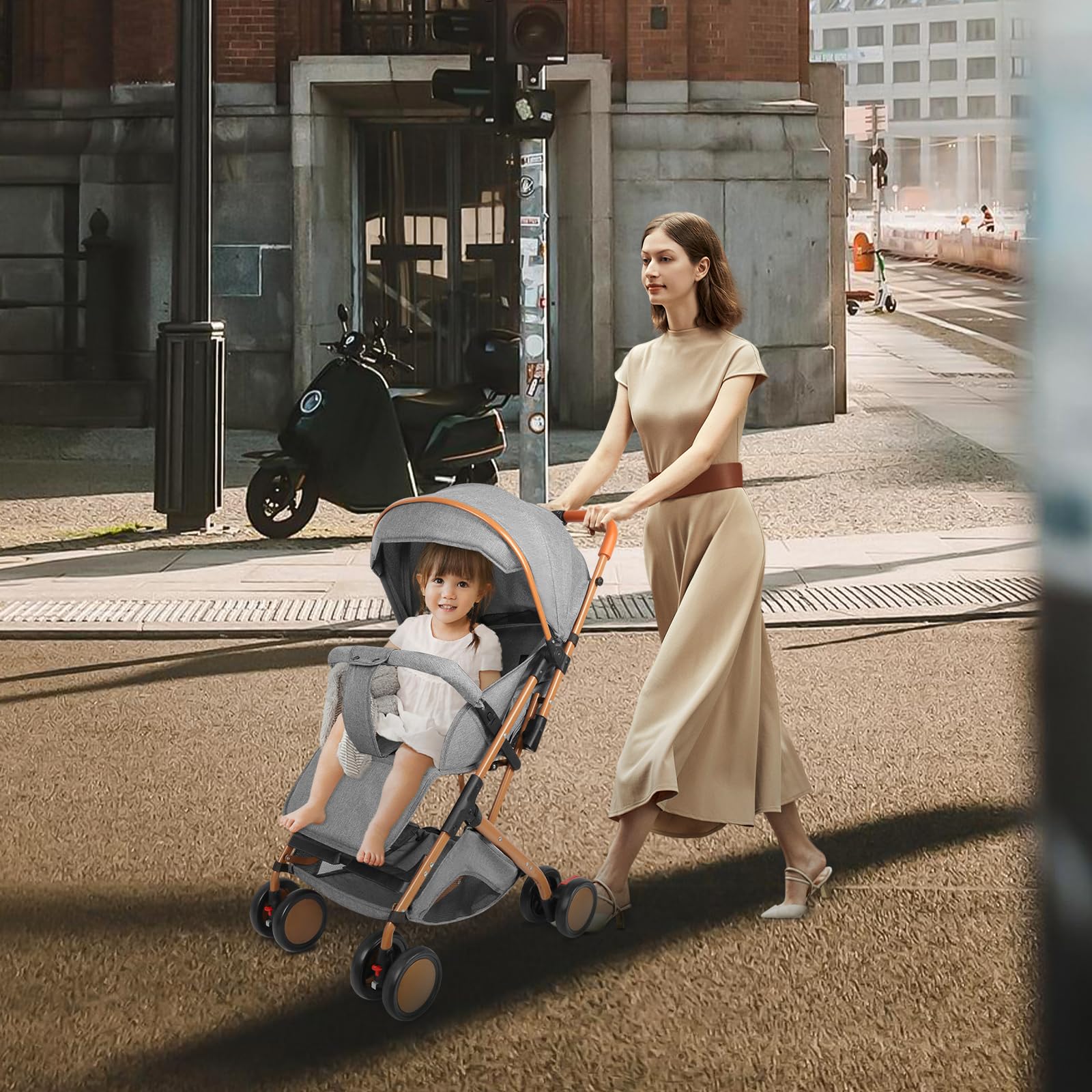 Poussette ultra compact à de 0 à 6 ans, Poussette de voyage avec harnais de sécurité 5 points,Pliable compacte et inclinable,Avec poches et pare-soleil (Gris)