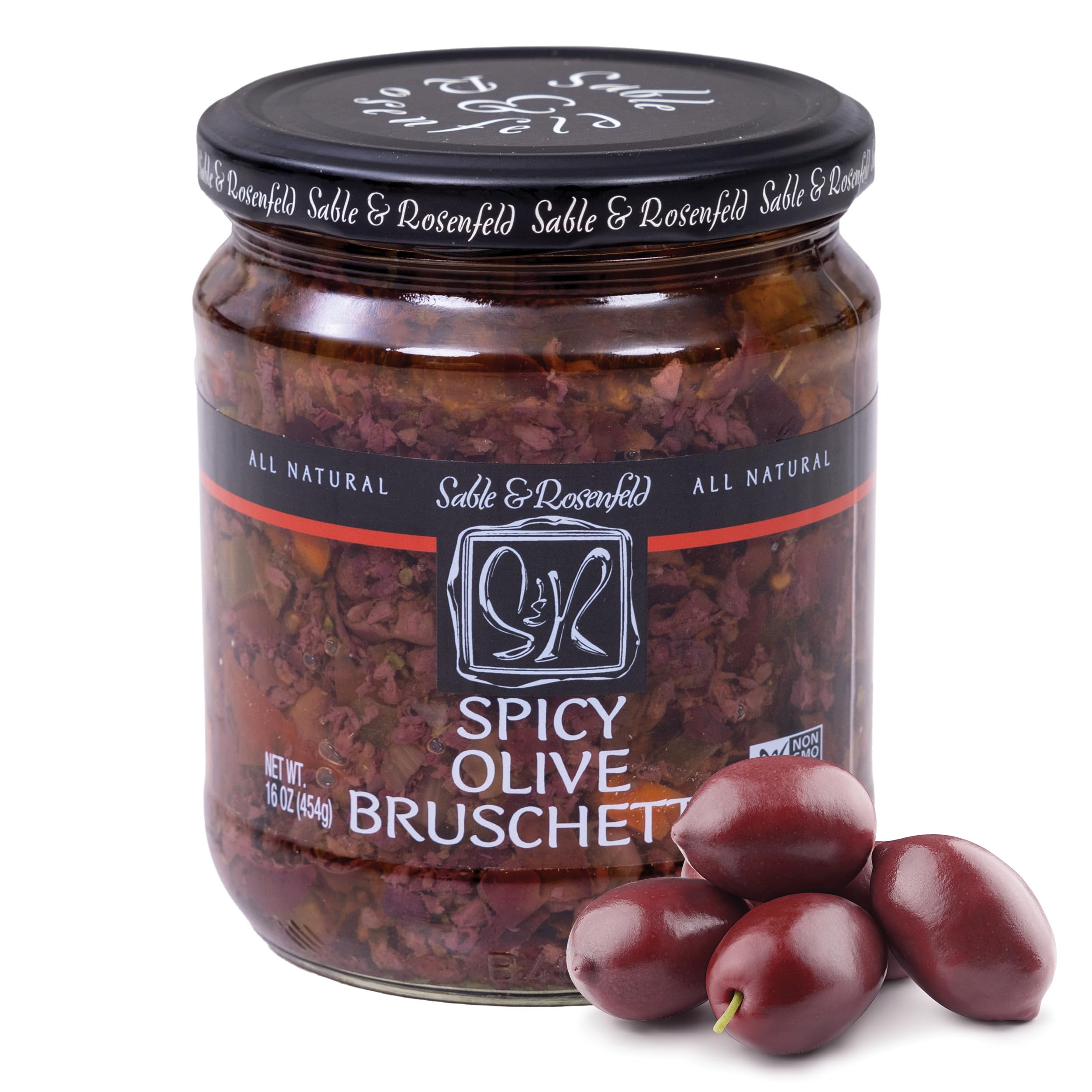 Sable & Rosenfeld Spicy Olive Bruschetta in a Jar 16 oz (Pack of 1), Kalamata Mediterranean Sandwich Spread with Peppers and Olive Oil, Non-GMO,