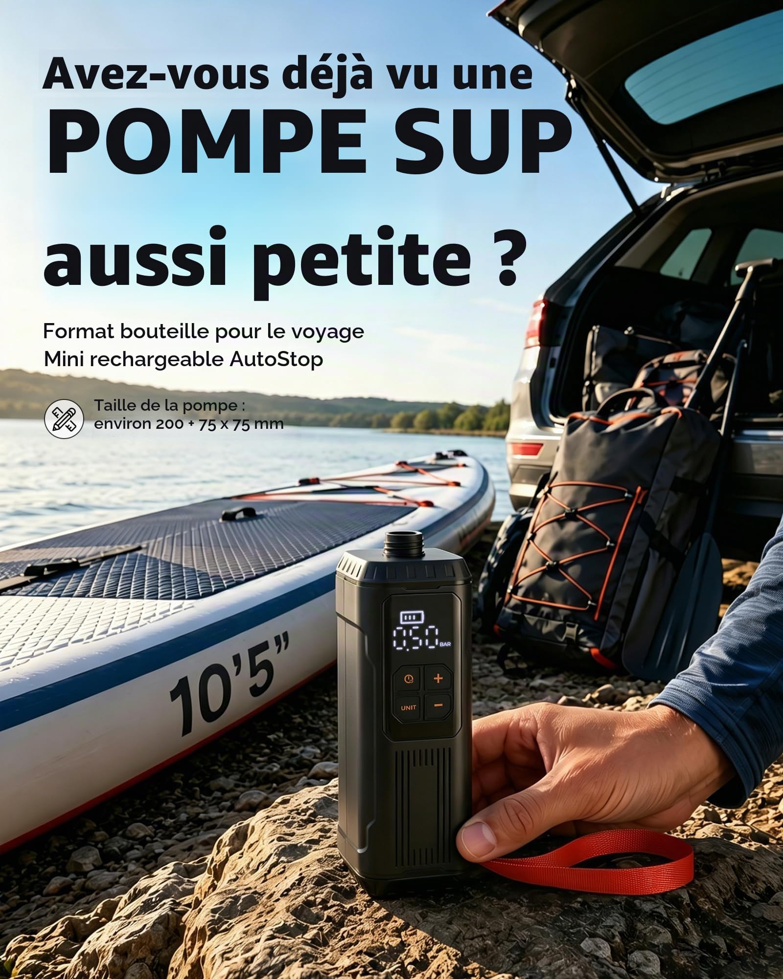 Mini pompe à pagaie, pompe à air portable SUP avec batterie, gonfleur électrique légère de 12 psi, arrêt automatique, rechargeable par USB-C pour planches à pagaie, kayak, flotteurs de piscine