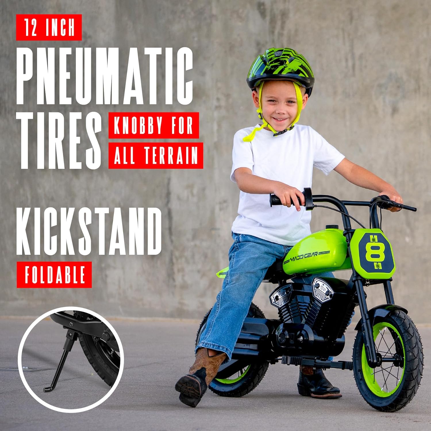 Madd Gear Electric Dirt Bike for Kids Ages 5–8 – 24V Dual Speed 10 MPH – 12" Pneumatic Tires – 7.5 Mile Range – 110 lbs Capacity – Lightweight Mini Off-Road Ride