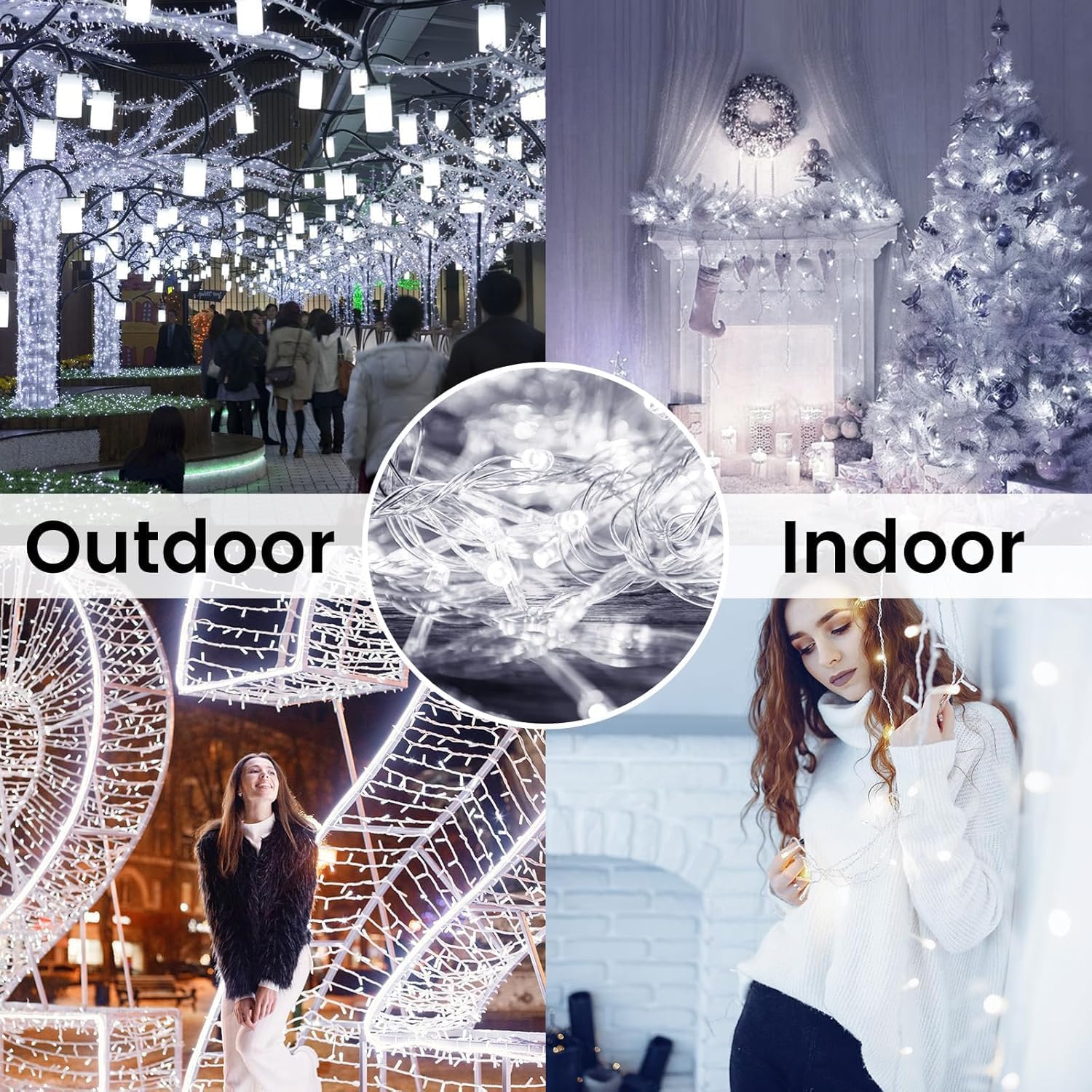 Paquete de 4 luces de cadena que funcionan con pilas con temporizador, 400 luces LED impermeables parpadeantes, 8 modos de luz de hadas para interiores y exteriores, fiesta, dormitorio, porche, árbol