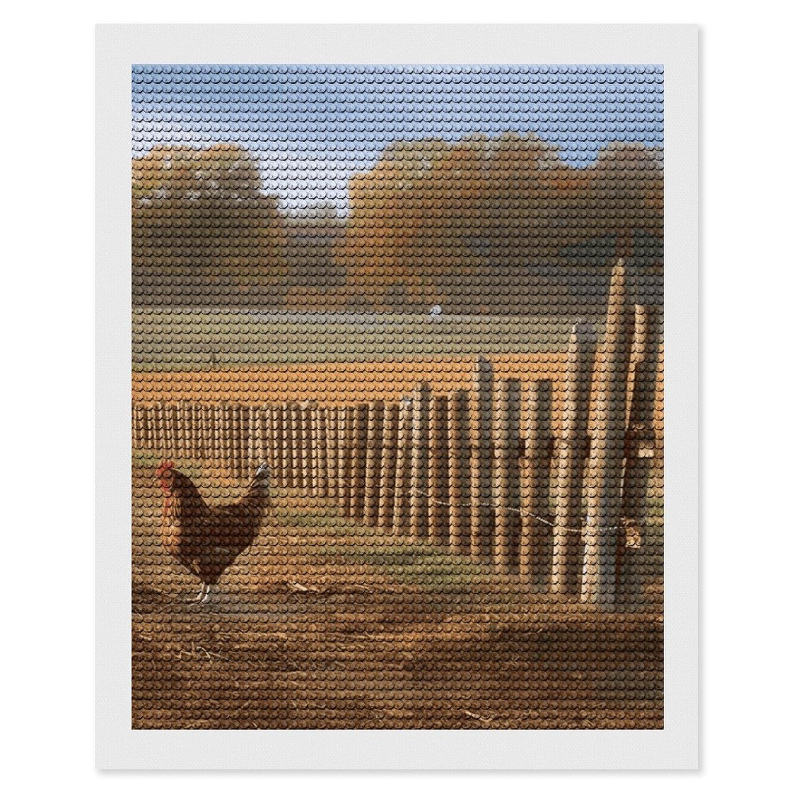 Chicken Wood Stake Farmland Diamond Art Kits for Adults, DIY 5D Diamonds Painting Kits for Beginner, Round Full Drill Diamond Dots Painting, Diamonds Pictures Gem Art and Crafts Wall Decor 16"x20"