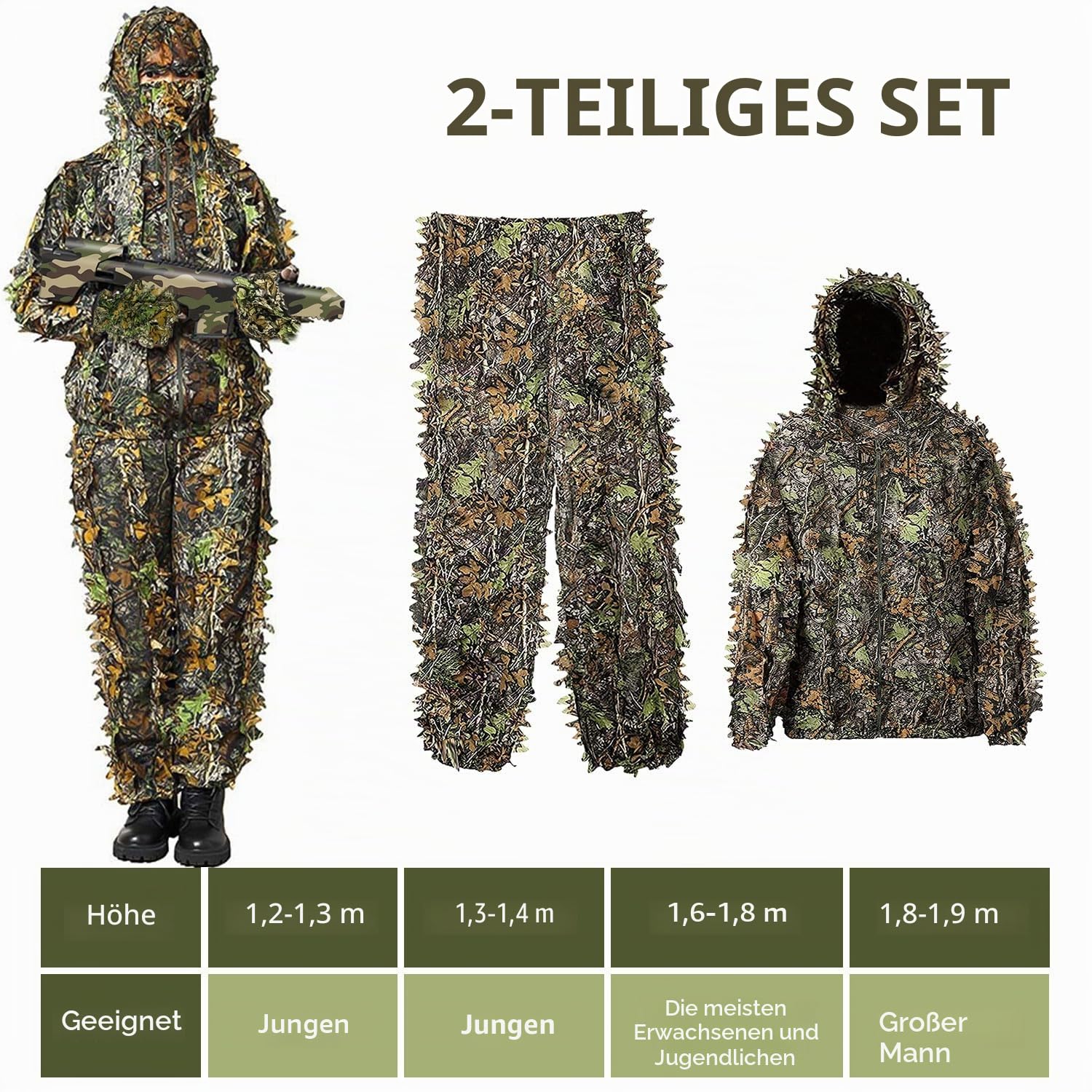 Favuit 3D Ghillie Tarnanzug, Dschungel Kostüm Ghillie Suit Camouflage Anzug Woodland Tarnkleidung für Buschjagd Tierfotografie Jagd Verdeckt Festschmuck