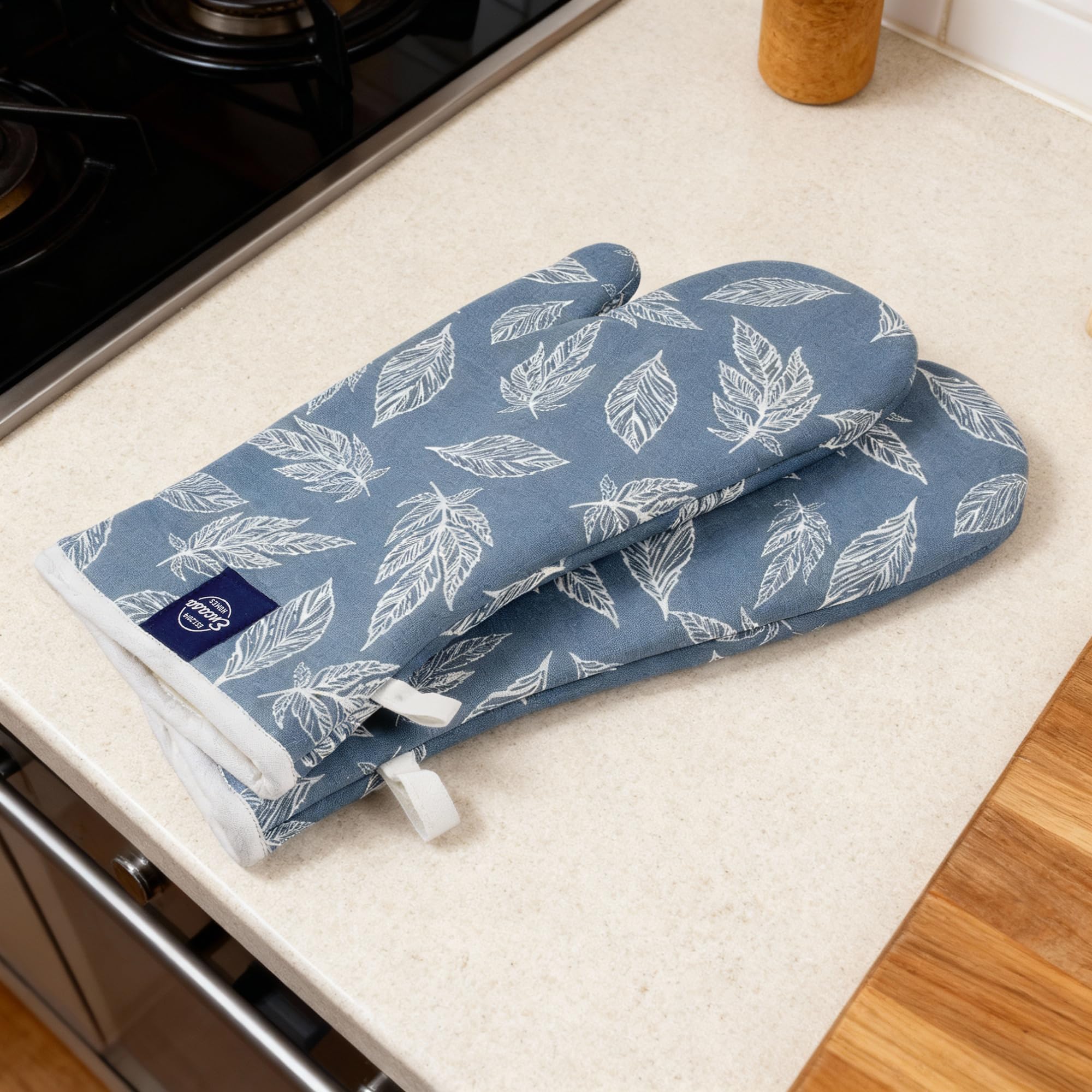Encasa XO Extra Long 18x35 cm Microwave Oven Gloves Mitts (2 pcs) for Kitchen Cooking - Big Leaf Blue - Heat Resistant, Thick & Safe, Protection of Hands from Hot Utensils, Gas Flame, Grill, Barbecue