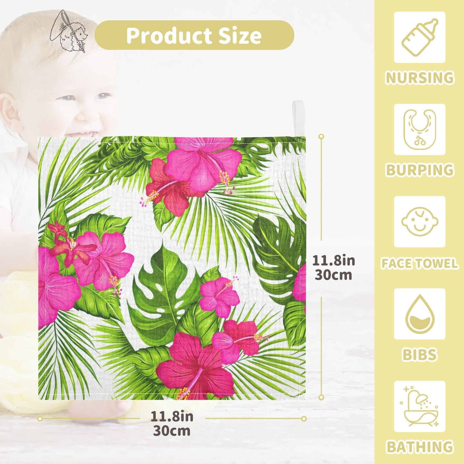 Kigai Flowers and Green Palm Leaves Baby Washcloths,3pcs Ultra Soft Absorbent Towel,Newborn Bath Face Towel, Natural Reusable Baby Wipes for Sensitive Skin, Baby Registry as Shower