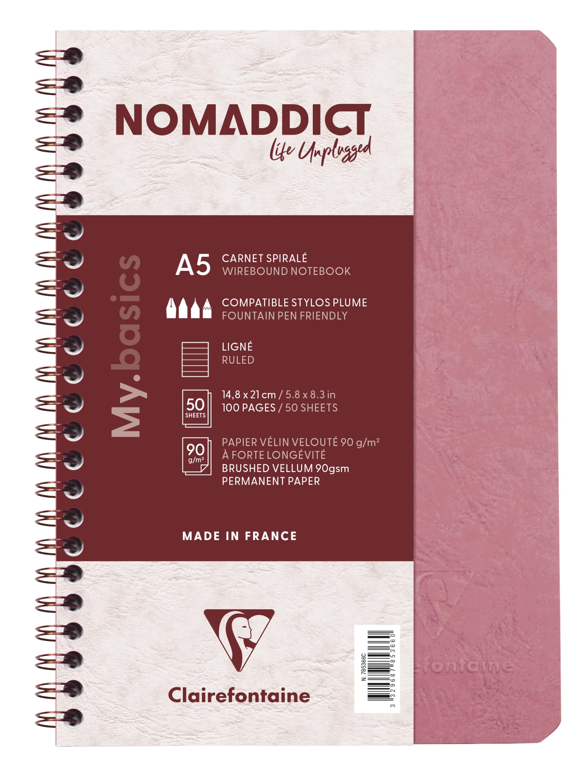 Clairefontaine 785366C Collection Age Bag Antique Pink Spiral Notebook - A5 14,8x21 cm - 100 Lined Pages - White Paper 90 g - Glossy Card Cover Leather Grain